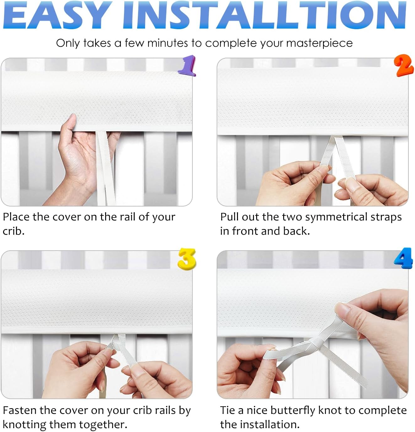 3 in 1 Breathable Crib Rail Covers for Life Size Cribs,White Soft Anti-Collision Strip Corner Covers,Protect Baby Teeth and Save Crib Rails, Rail Edge Protector Strip (White-4pc)