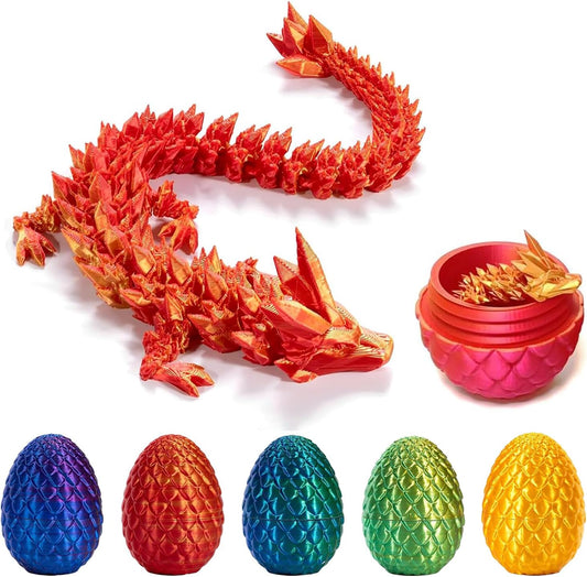 3D Printed Dragon Eggs with Dragon Inside Fidget Toys for Adults, 3D Printed Articulated Dragon, Home Office Decor Executive Desk Toys Posable Flexible Crystal Dragon Toy (Red)