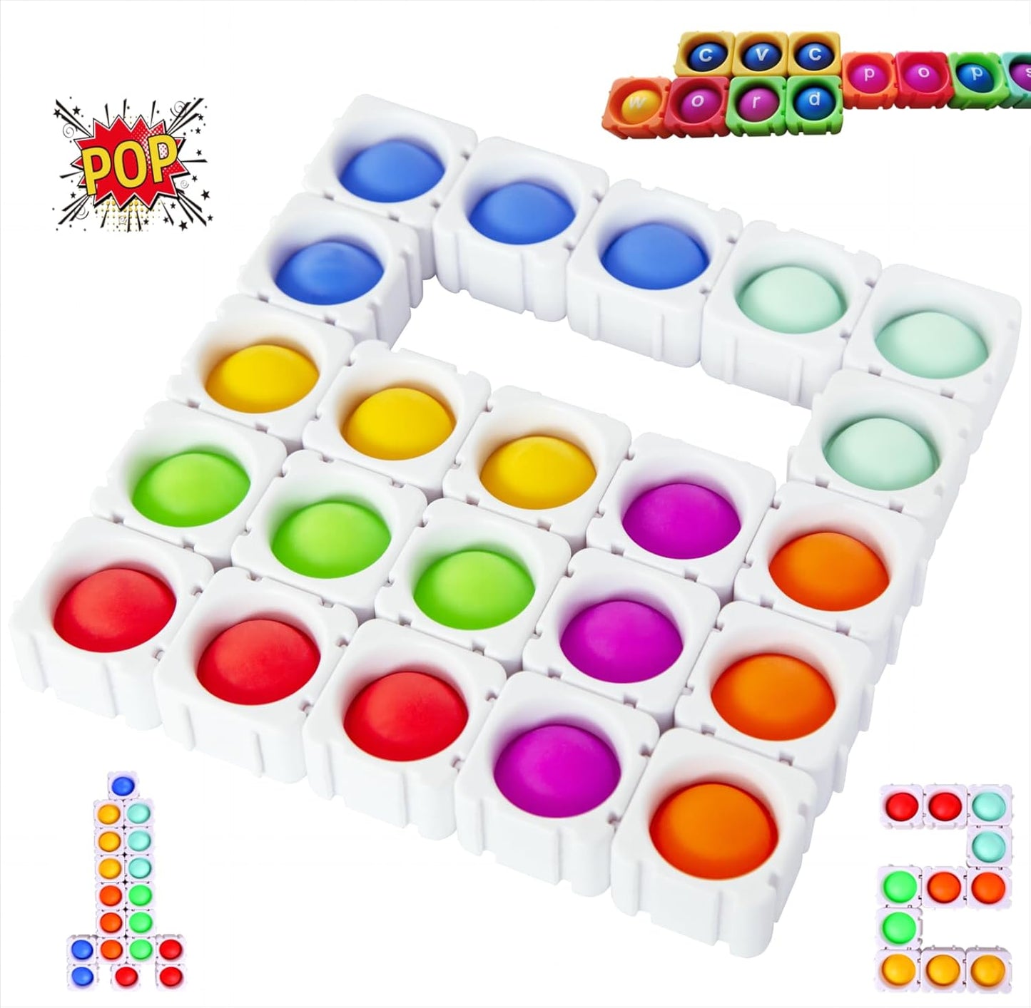 22PCS JeewLet-POP MultiSensory Pop-CVC-Fidget-Classroom-Toys。Funny Reading&Phonics Interactive Tools。Giant Rainbow Silicone Bubble&Loud Crisp Sound&DIY-Pops-Its-Fidget-Toys-Building-Block-Game