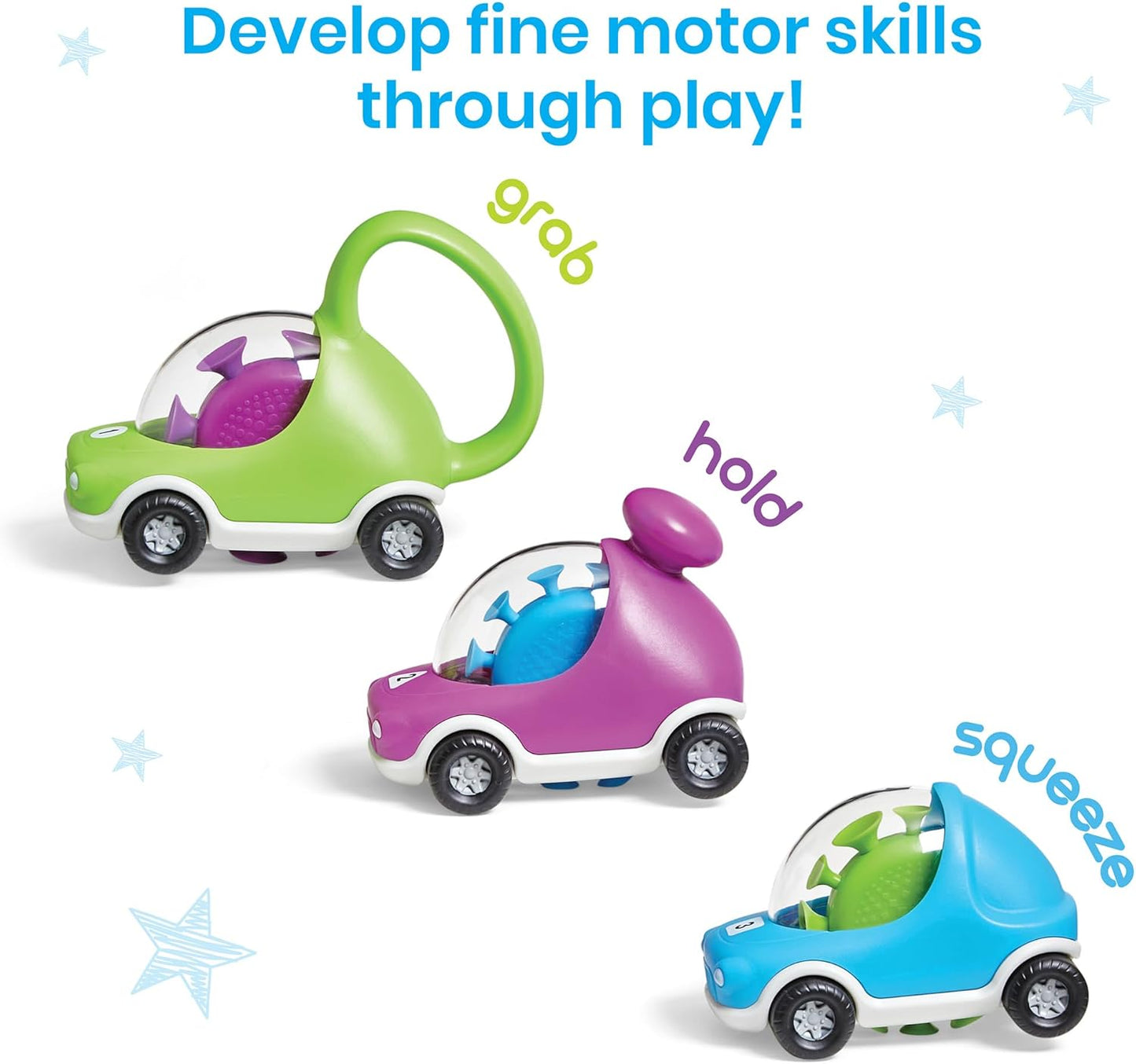hand2mind Popping Fidget Cars, Suction Cup Toys, Fine Motor Skills Toys, Toddler Toy Cars, Occupational Therapy Toys, Play Therapy Toys, Preschool Sensory Toys, Anxiety Relief for Kids (Set of 3)
