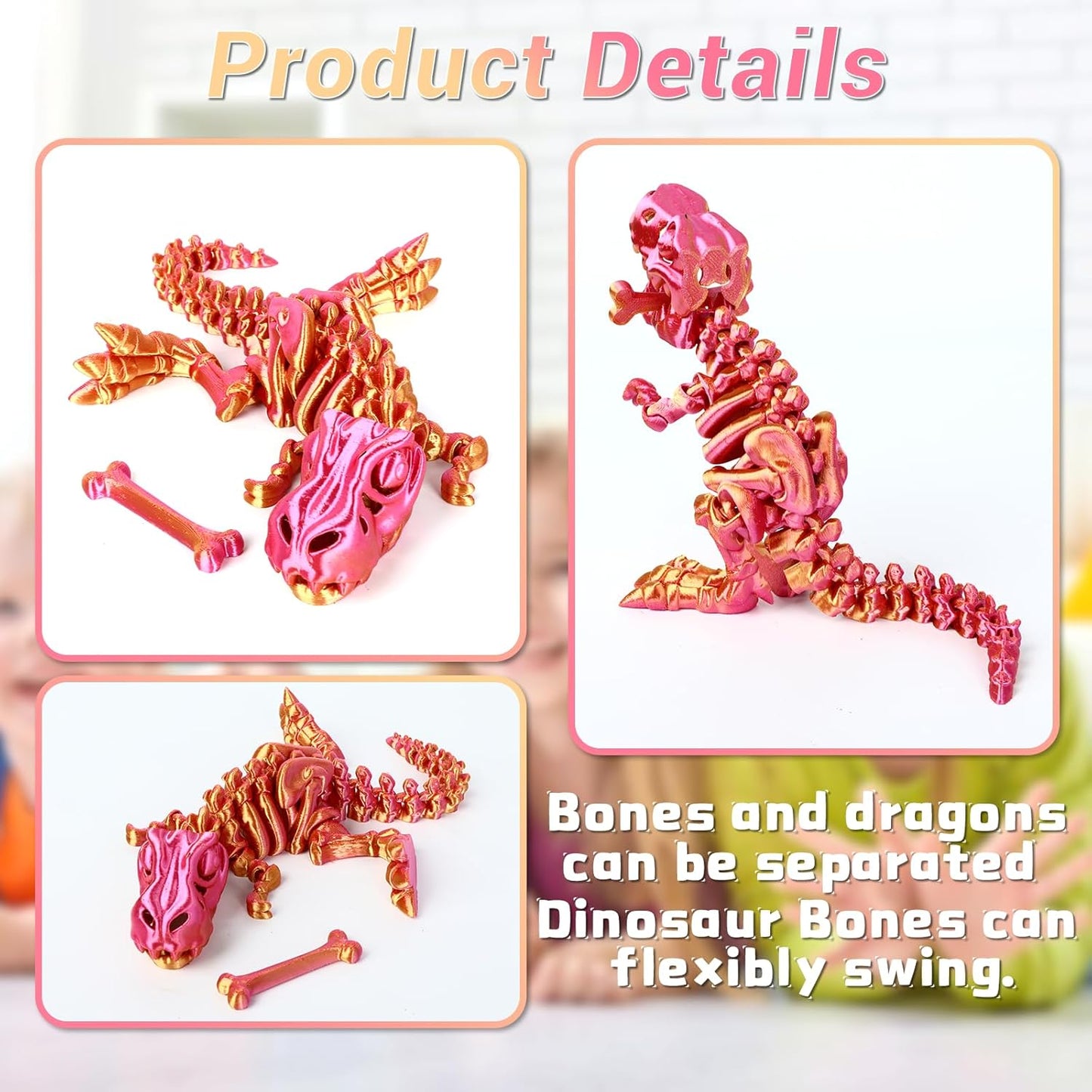 3D Printed Dinosaur Bones Tyrannosaurus Rex Skeleton with Movable Joints, 3D Model Skull T-Rex, Flexible Articulated Dinosaur Fidget Toys Adults for Autism/ADHD