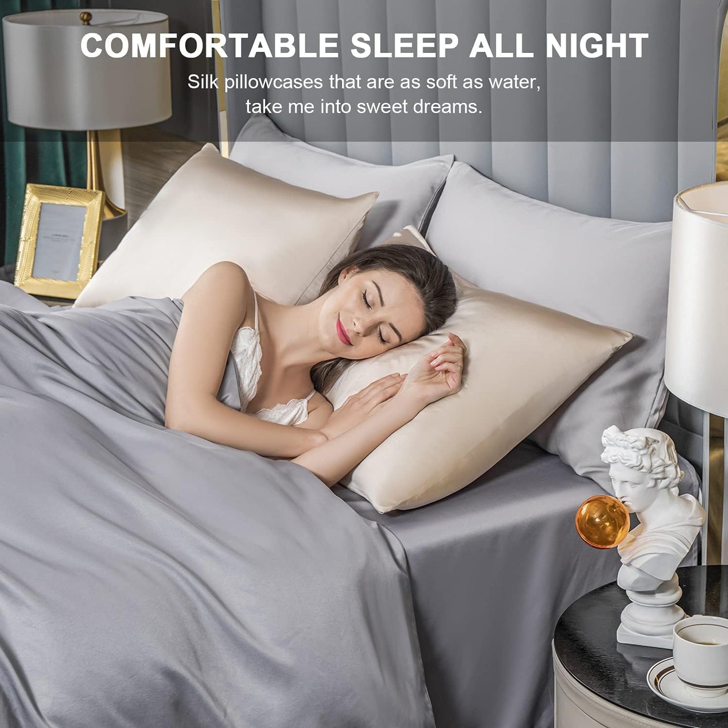 2 Pcs Mulberry Silk Pillowcase for Hair and Skin,Cooling Silk Pillow Case with Hidden Zipper,Allergen Proof Dual Sides Soft Breathable Smooth Silk Pillow Cover for Women(Queen-2PCS,Champagne)