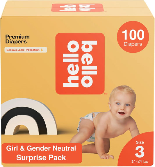 Hello Bello Premium Diapers, Size 3 (14-24 lbs) Surprise Pack for Girls - 100 Count, Hypoallergenic with Soft, Cloth-Like Feel - Assorted Girl & Gender Neutral Patterns