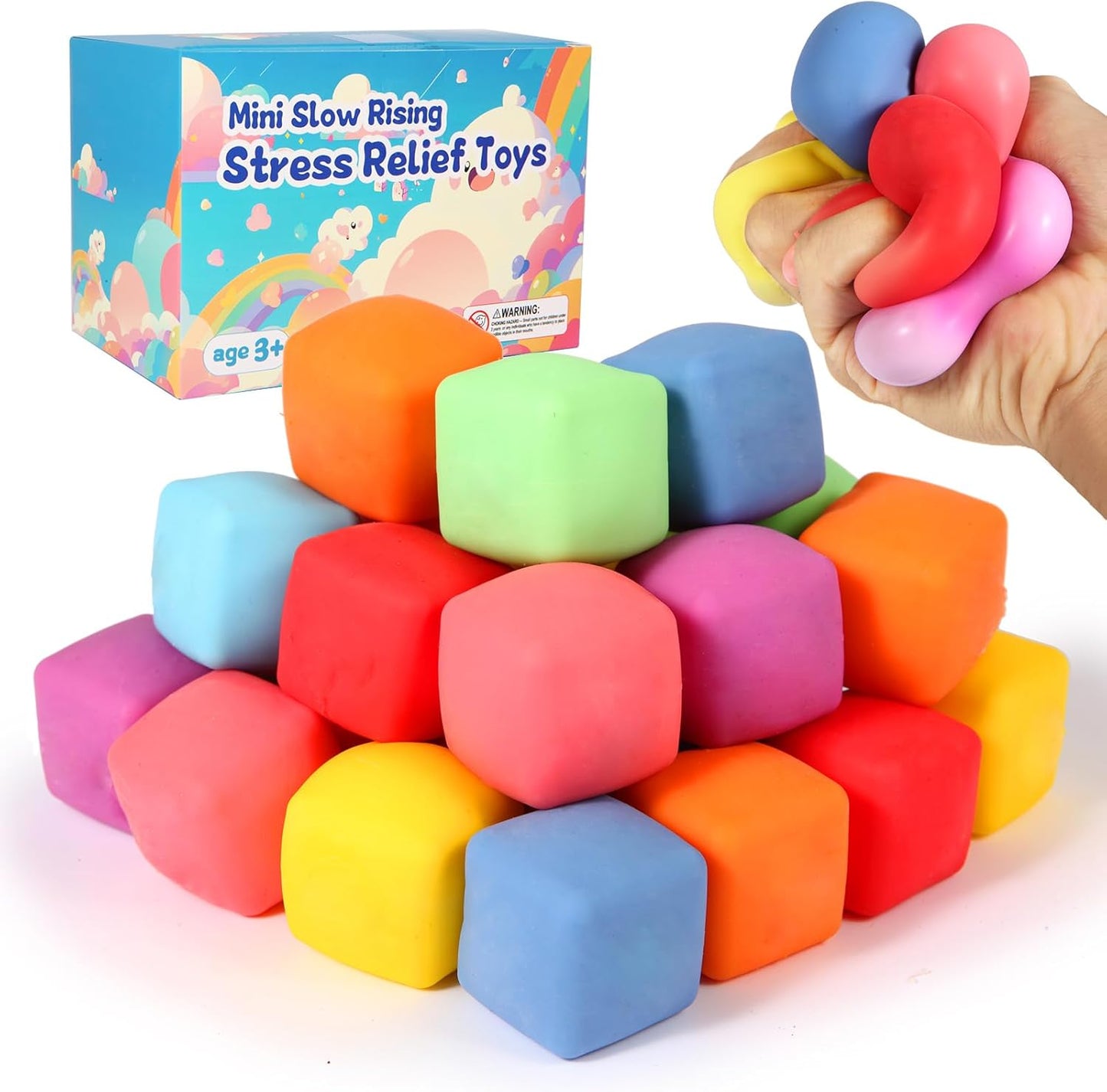 24 PACK Slow Rising Stress Cube, Dough Stress Balls Soft Fidget Squishy Toys for Anxiety Relief, Pull Stretch Classroom Prize Party Favors Toys for Kids