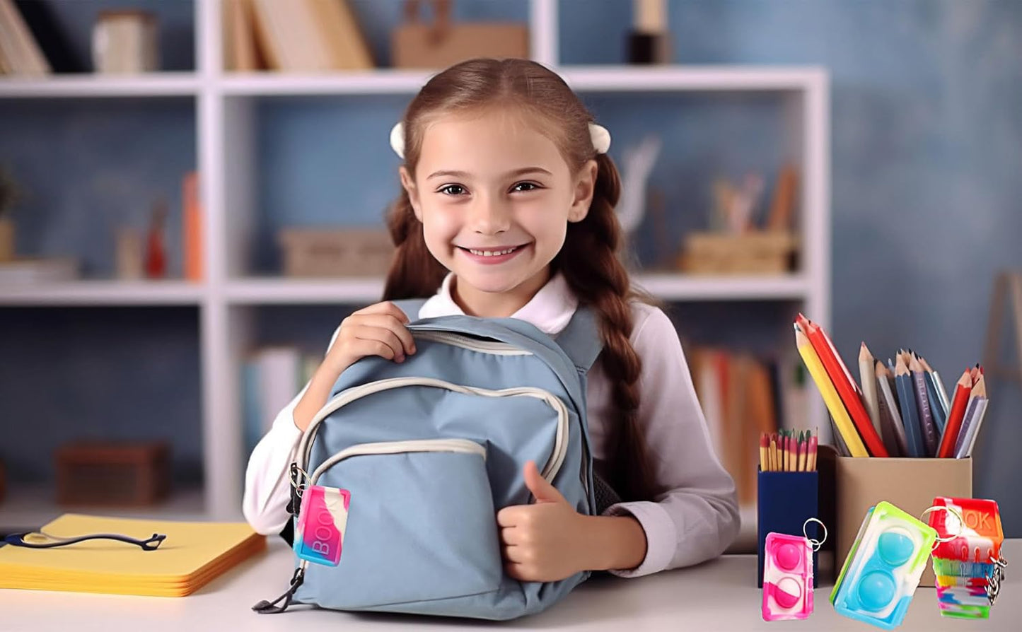 10 packs Bulk Books Backpack Keychain Mini pop Fidget ， Birthday Party Favors,Students Bubble Prize for boy and Little Girl,Kids Classroom Summer Student Gifts