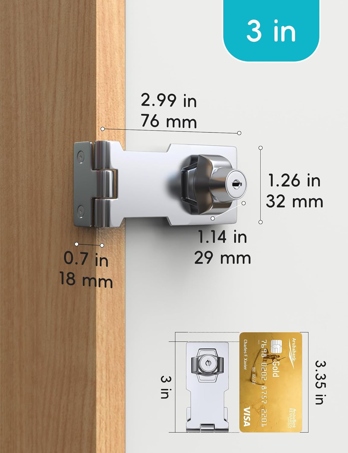 3 Inch Keyed Hasp Lock for Cabinets & Small Doors, Twist Knob Design, Heavy Duty Zinc Alloy with Chrome-Plated Iron, Includes Keys & Screws - Silver, 4 Pack