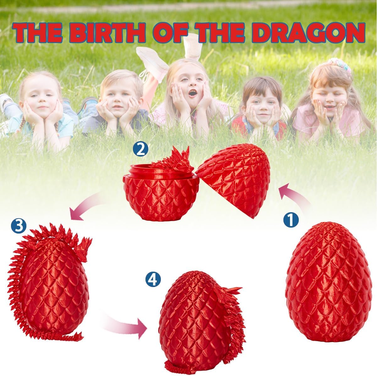 3D Printed Dragon Eggs with Dragon Inside, 12In Silk Red Dragon Egg Fidget Toy, Executive Desk Articulated Dragon Toy, Home Office Decoration