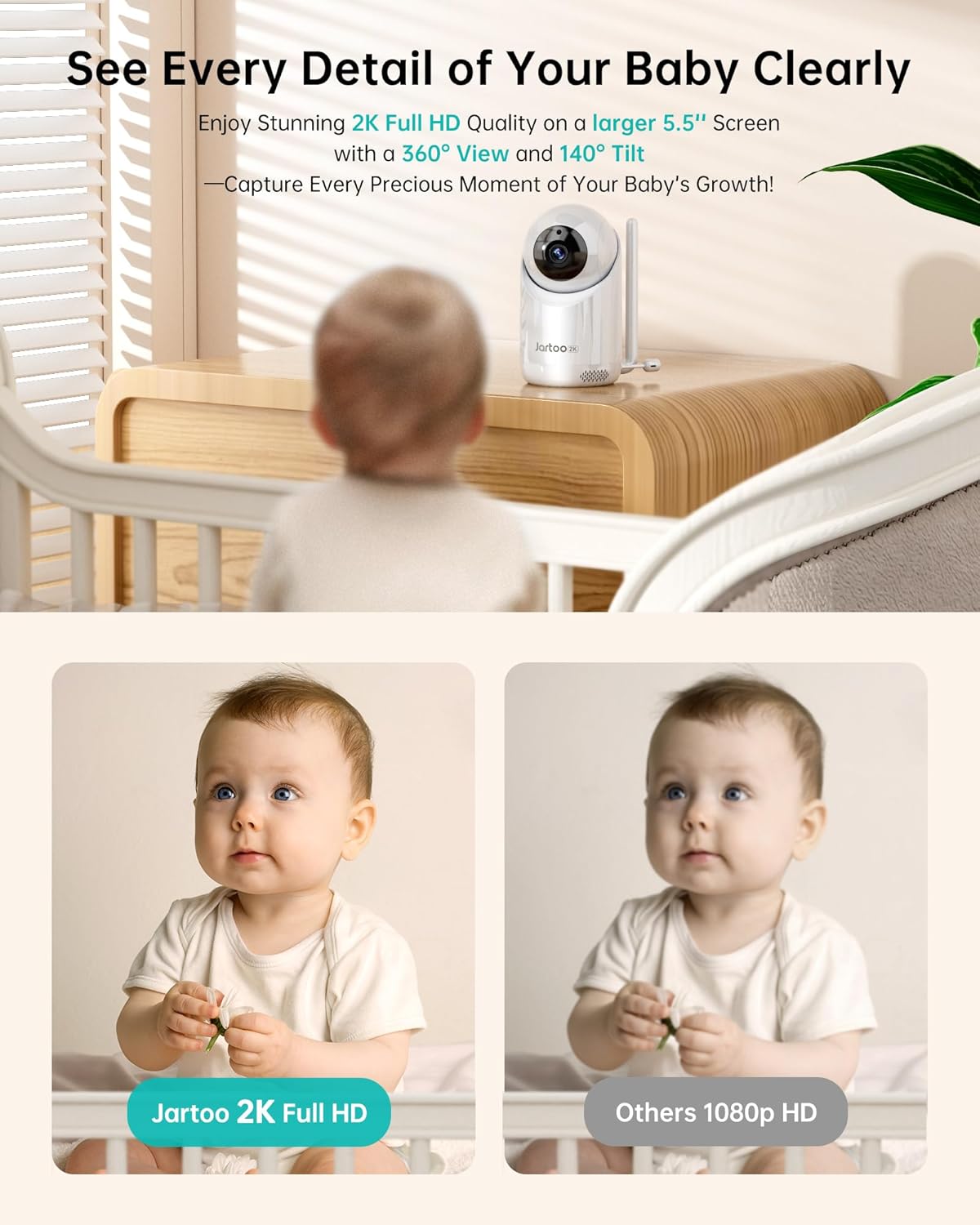 2K Video Baby Monitor with Camera and Audio, 3000ft Long Range Baby Monitor No WiFi 5.5" FHD Screen ANC Baby Camera Wireless, Feeding Clock, Night Vision, 2-Way Talk, AI Cry Detect, 6000mAh