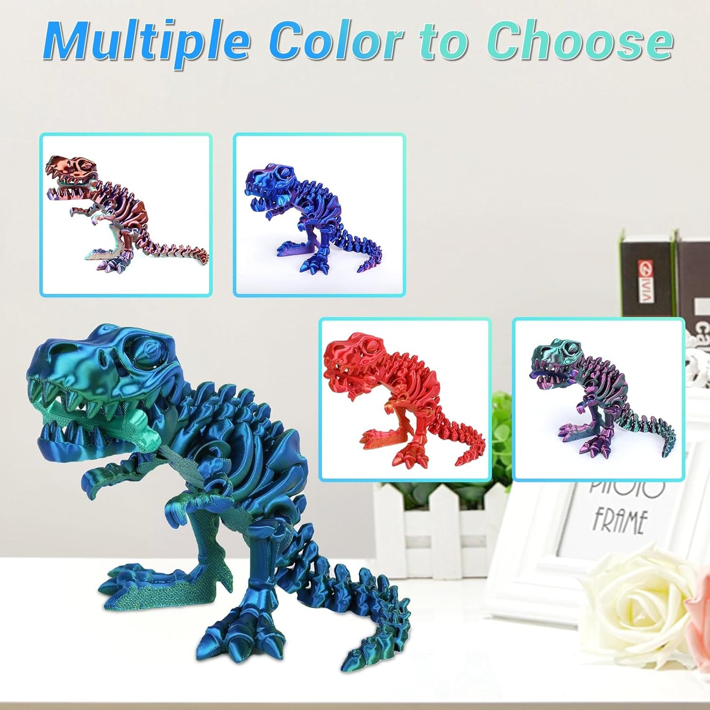 3D Printed Dinosaur Bone Skeleton Tyrannosaurus Rex with Movable Jaw Fidget Dinosaur Toys Full Articulated Dinosaur Executive Desk Toys Home Office Decor, Blue Mix Green