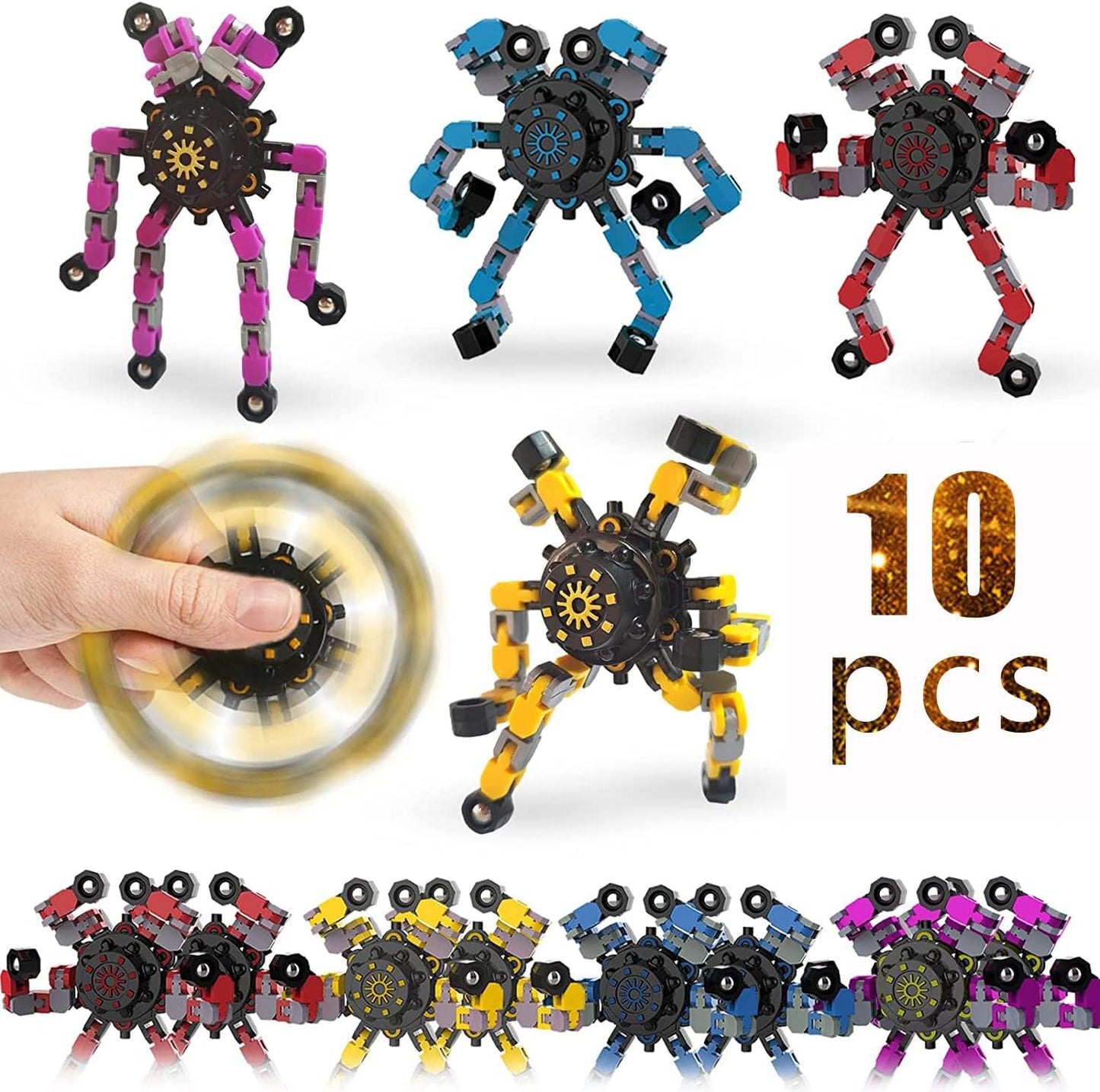 10pcs Random Fidget Spinners,DIY Deformable Robot Fingertip Toys,Decompression Spinner,Deformable Creative Mechanical Gyro Toys,Stress Relief Mechanical Chain Toy for Kids Adults，Party Supplies