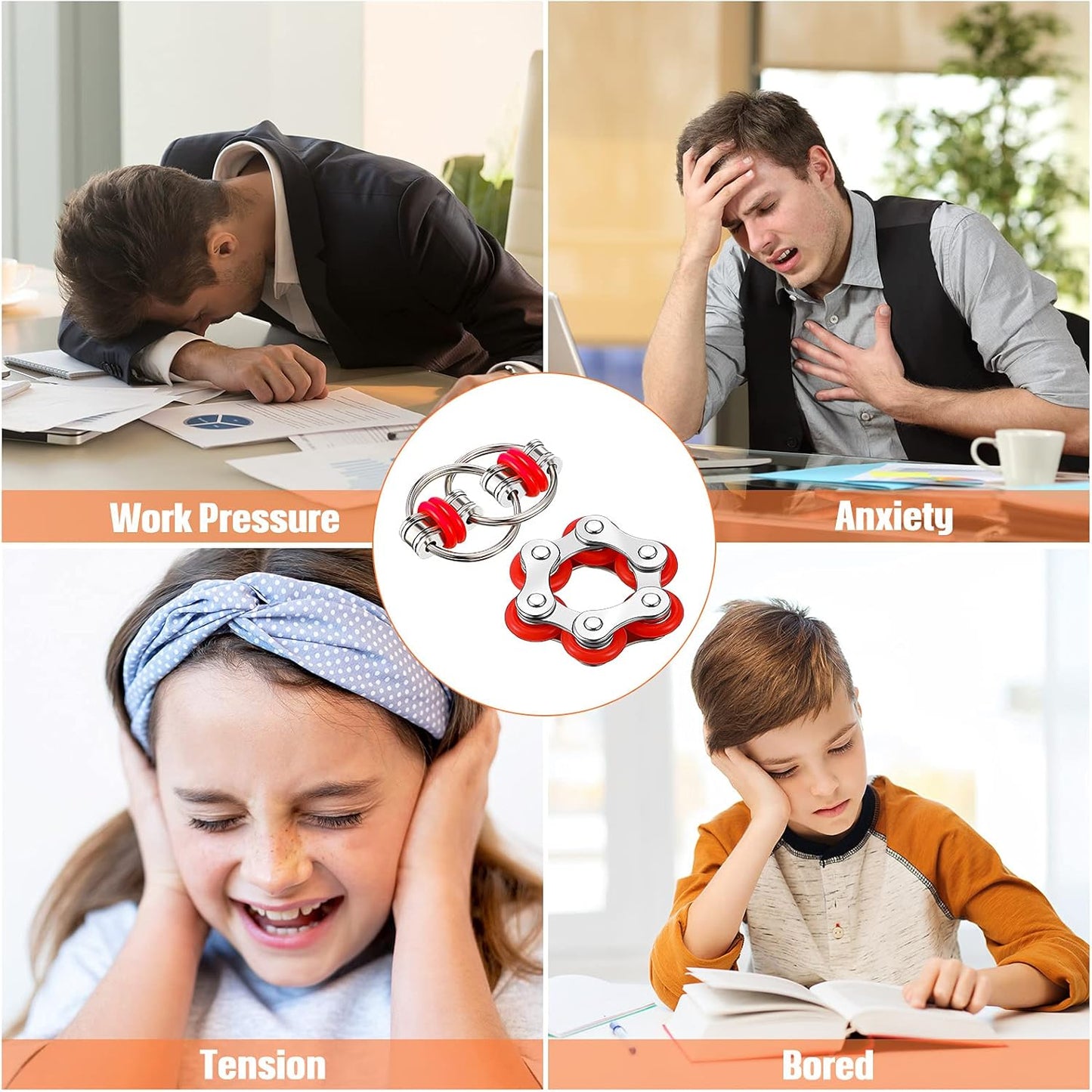 Hicarer 8 Pieces Fidget Toys Set includes 4 Flippy Roller Chain and 4 Six Roller Bike Chain Toys for Adults and Teenagers in Learning Help (Red, Sky Blue, Yellow, Orange)