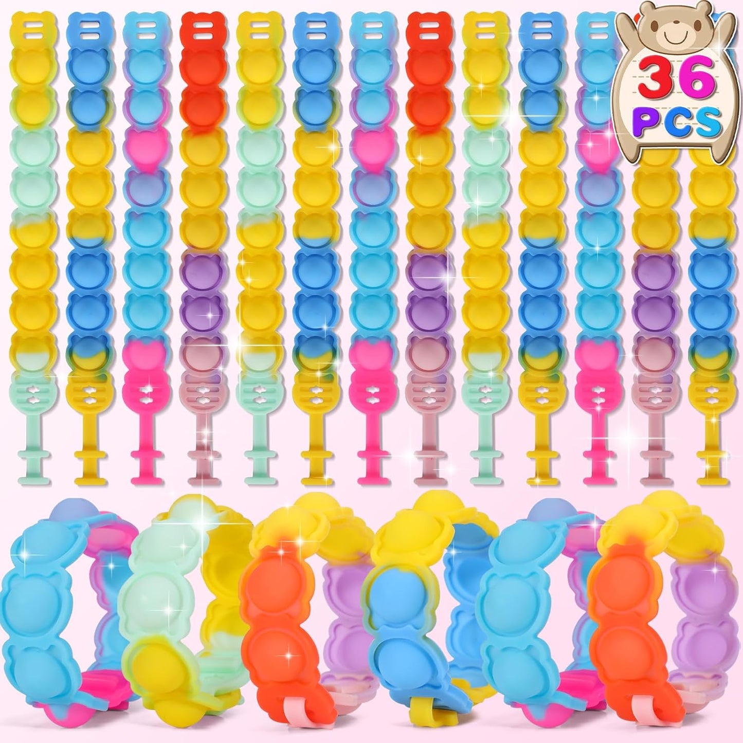 36 PCS Pop Bracelet it Fidget Toys Pack, Fidget Bear Bracelet Birthday Party Gifts, Decompression Wristband with Autistic & ADHD,Fidget Wristband as Return Gifts for Kids, Fidgets Novelty Girls Toys
