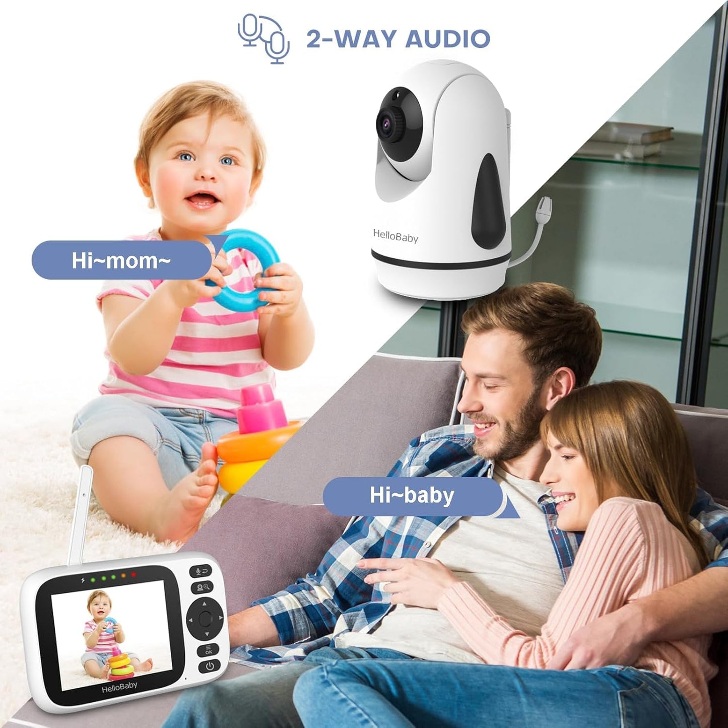 HelloBaby 3.2'' Baby Monitor 4 Cameras, Video Audio Baby Monitor No WiFi, Remote Pan-Tilt-Zoom, ECO, Night Vision, 2-Way Talk, 1000ft Range, 8 Lullabies and Temperature, Gifts for Parents and Babies
