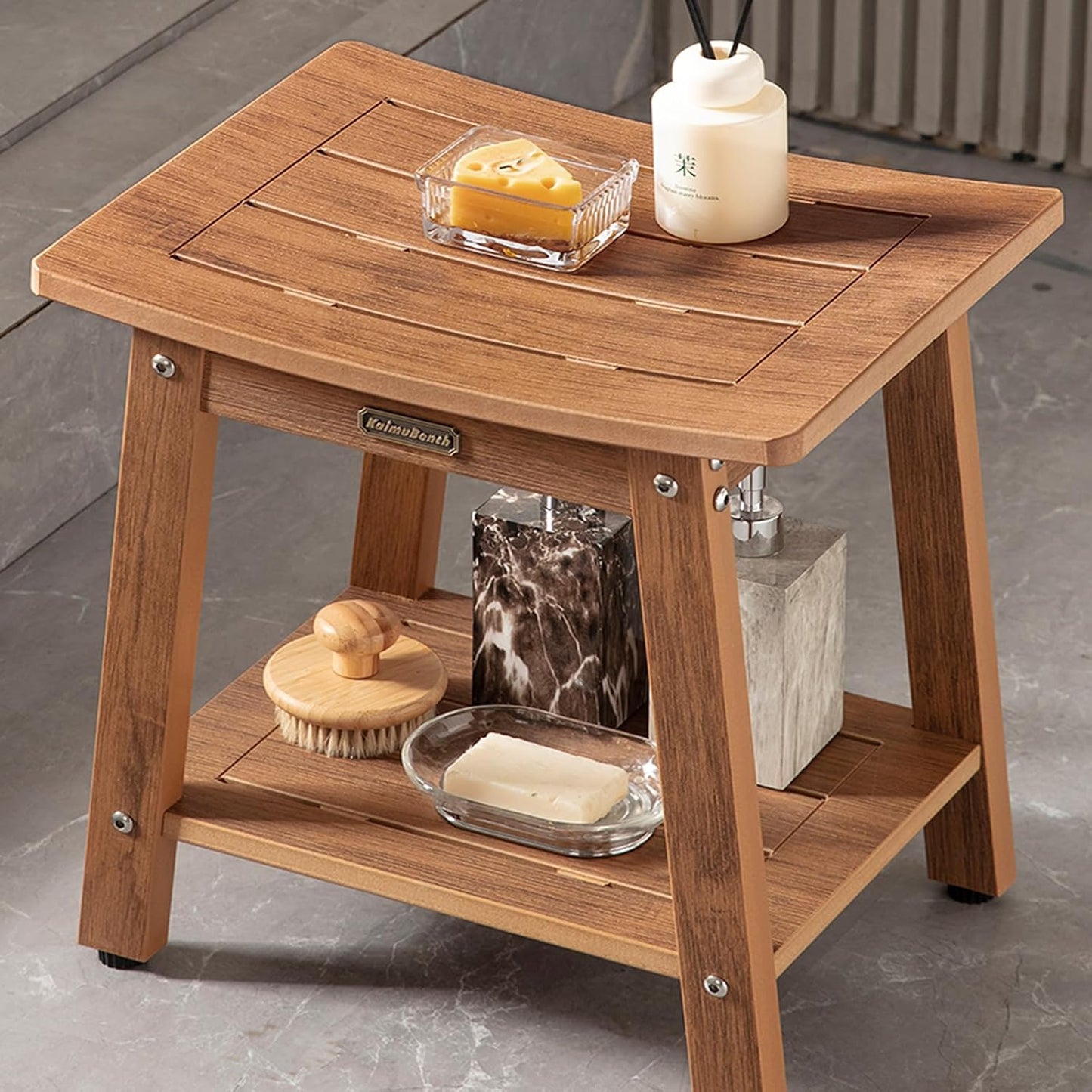 HDPS Shower Bench Seat for Inside, Waterproof Poly Lumber Shower Stool for Shaving Legs, Bathroom Foot Rest with Storage Shelf, Plastic Bath Chair Seat for with Adjustable Feet, No Maintenance, Brown