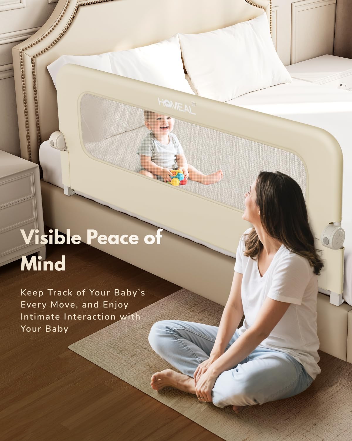HOMEAL Bed Rail for Toddlers with U-Shape Base - 47"x24" Foldable Baby Bed Rail Guard for King Queen Full Twin Size Bed, Beige, 1 Pack