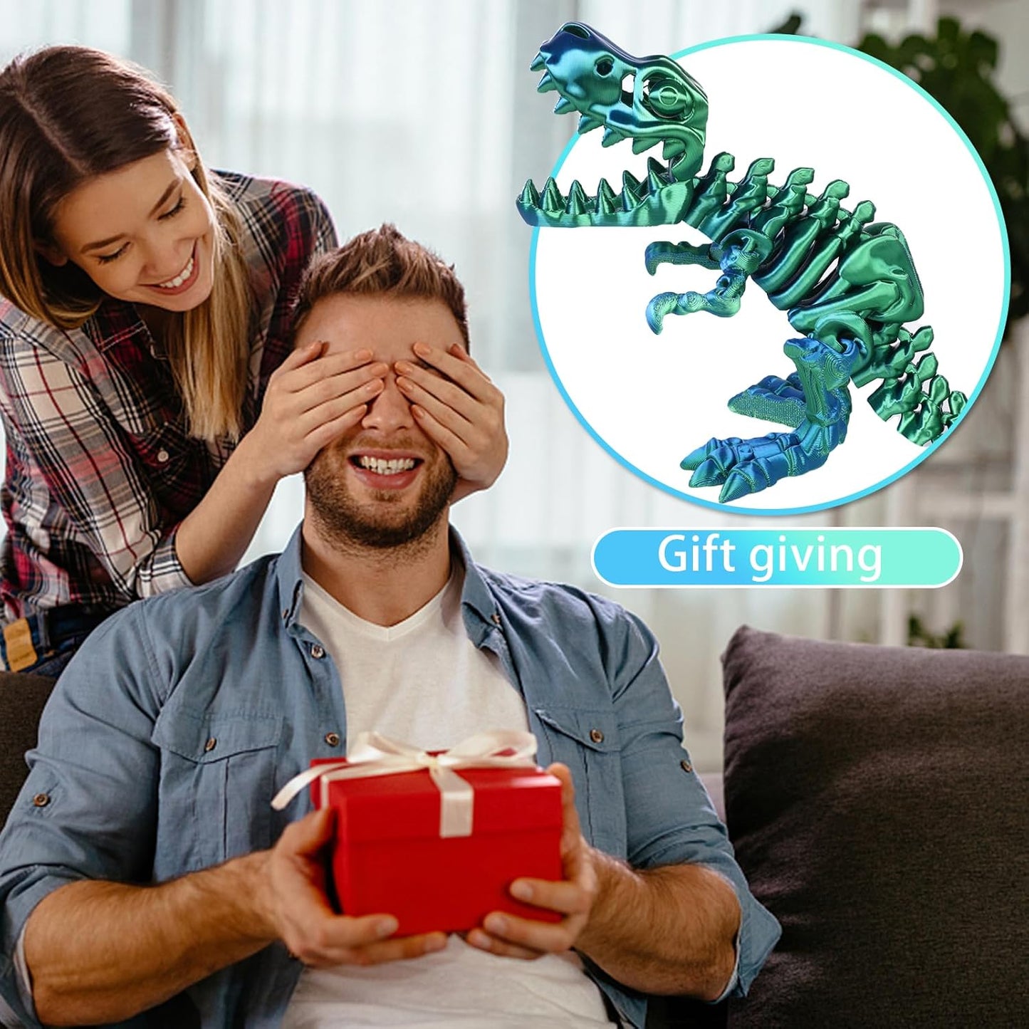 3D Printed Dinosaur Bone Skeleton Tyrannosaurus Rex with Movable Jaw Fidget Dinosaur Toys Full Articulated Dinosaur Executive Desk Toys Home Office Decor, Blue Mix Green