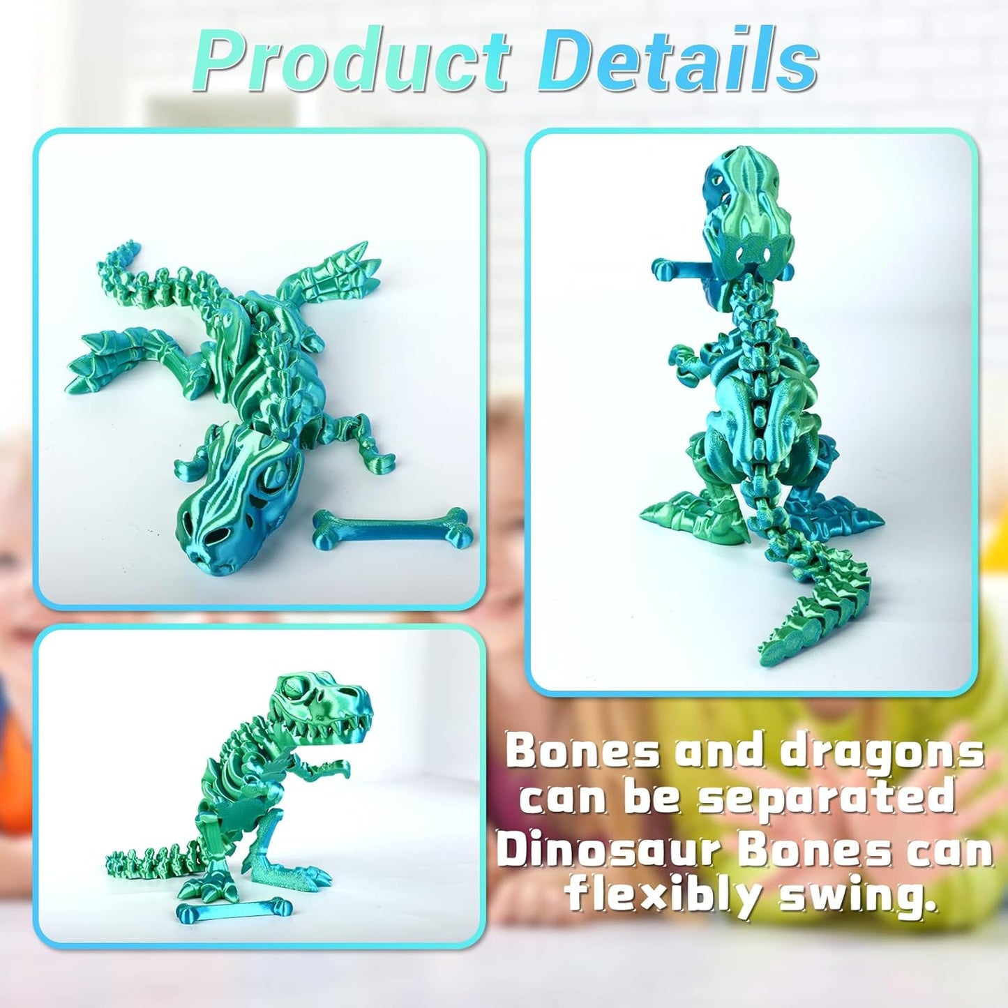 3D Printed Dinosaur Bone Skeleton Tyrannosaurus Rex with Movable Jaw Fidget Dinosaur Toys Full Articulated Dinosaur Executive Desk Toys Home Office Decor, Cyan