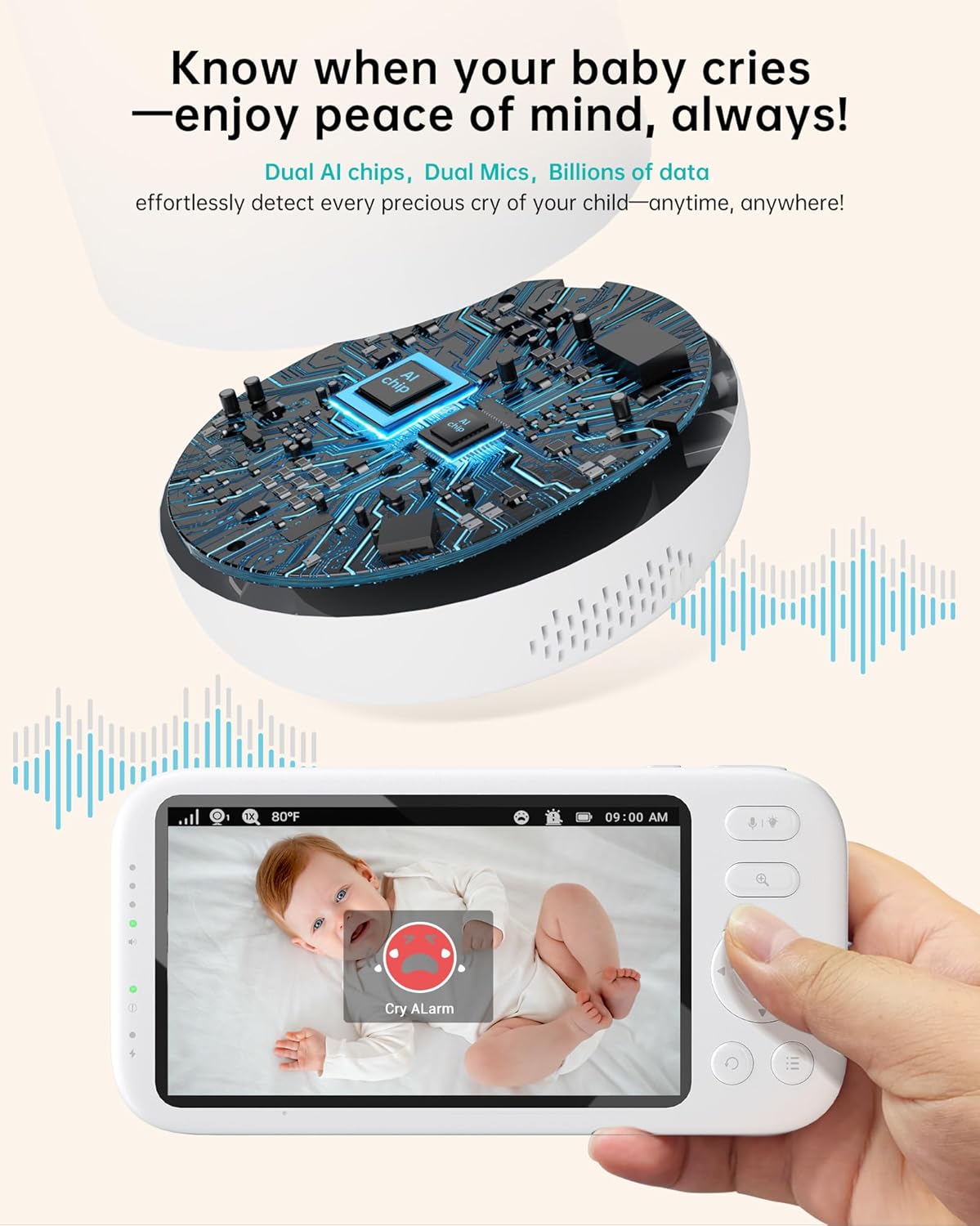 2K Video Baby Monitor with Camera and Audio, 3000ft Long Range Baby Monitor No WiFi 5.5" FHD Screen ANC Baby Camera Wireless, Feeding Clock, Night Vision, 2-Way Talk, AI Cry Detect, 6000mAh