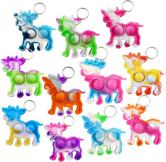 100 Packs Bulk cow Mini pop Fidget Backpack Keychain， boy and Little Girl,Kids birthday Party Favors,summer Students Bubble Prize gifts