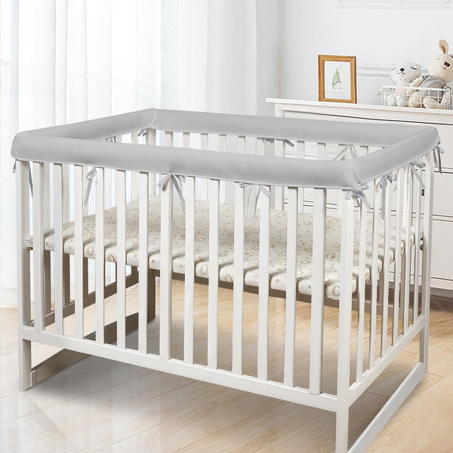 3 in 1 Breathable Crib Rail Covers for Life Size Cribs,White Soft Anti-Collision Strip Corner Covers,Protect Baby Teeth and Save Crib Rails, Rail Edge Protector Strip (Gray-4pc)