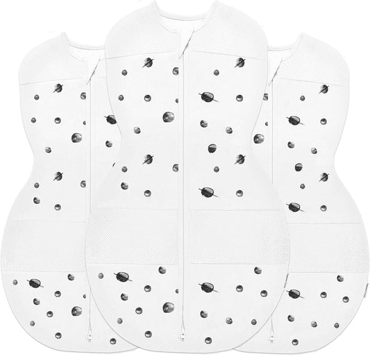 Happiest Baby Sleepea 5-Second Swaddle - 100% Organic Cotton Baby Swaddle Blanket - Doctor Designed Promotes Healthy Hip Development - 3-Pack Newborn Bundle (Ivory Planets, 2 x Small, 1 x Medium)