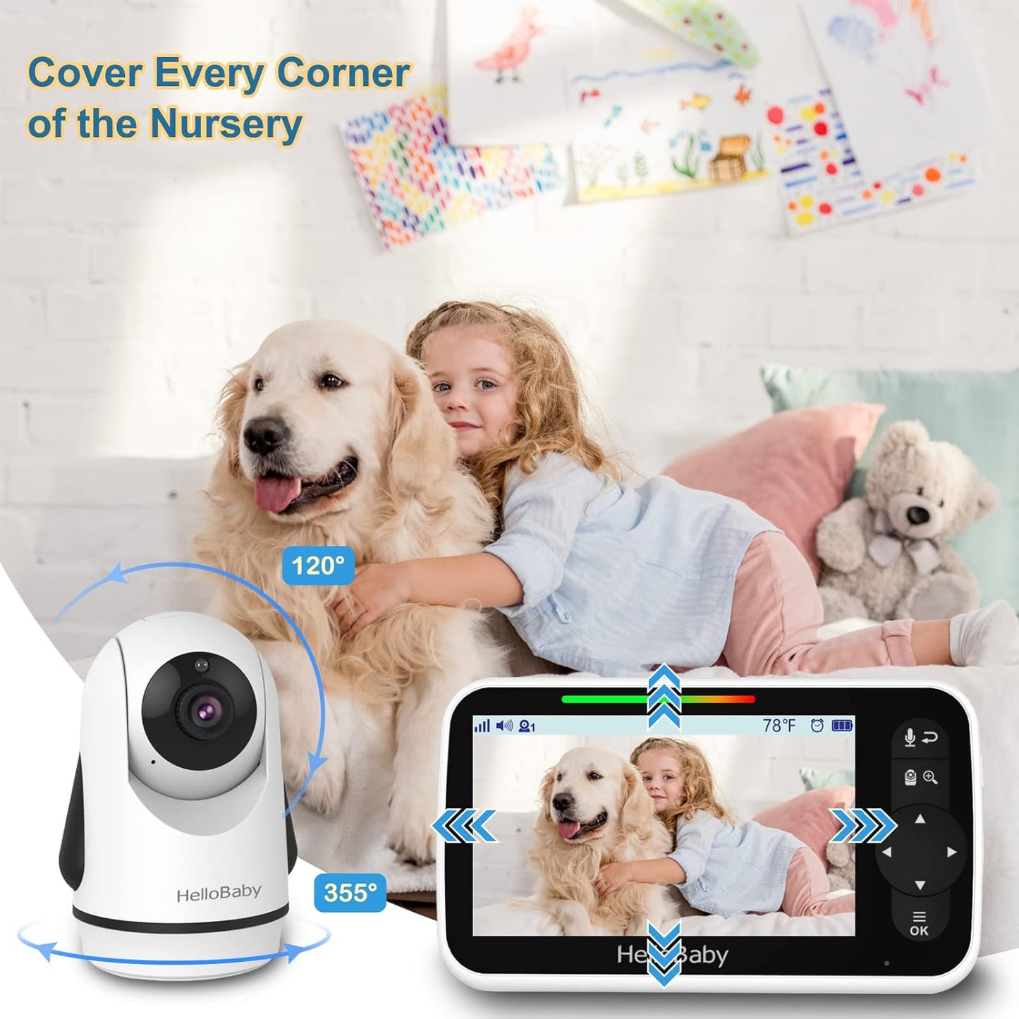 HelloBaby 5 Inch Video Baby Monitor with Camera and Audio, Remote Pan-Tilt-Zoom Camera with Night Vision, 2-Way Talk, Temperature, 8 Lullabies and 1000ft Range Baby Monitor No WiFi Needed