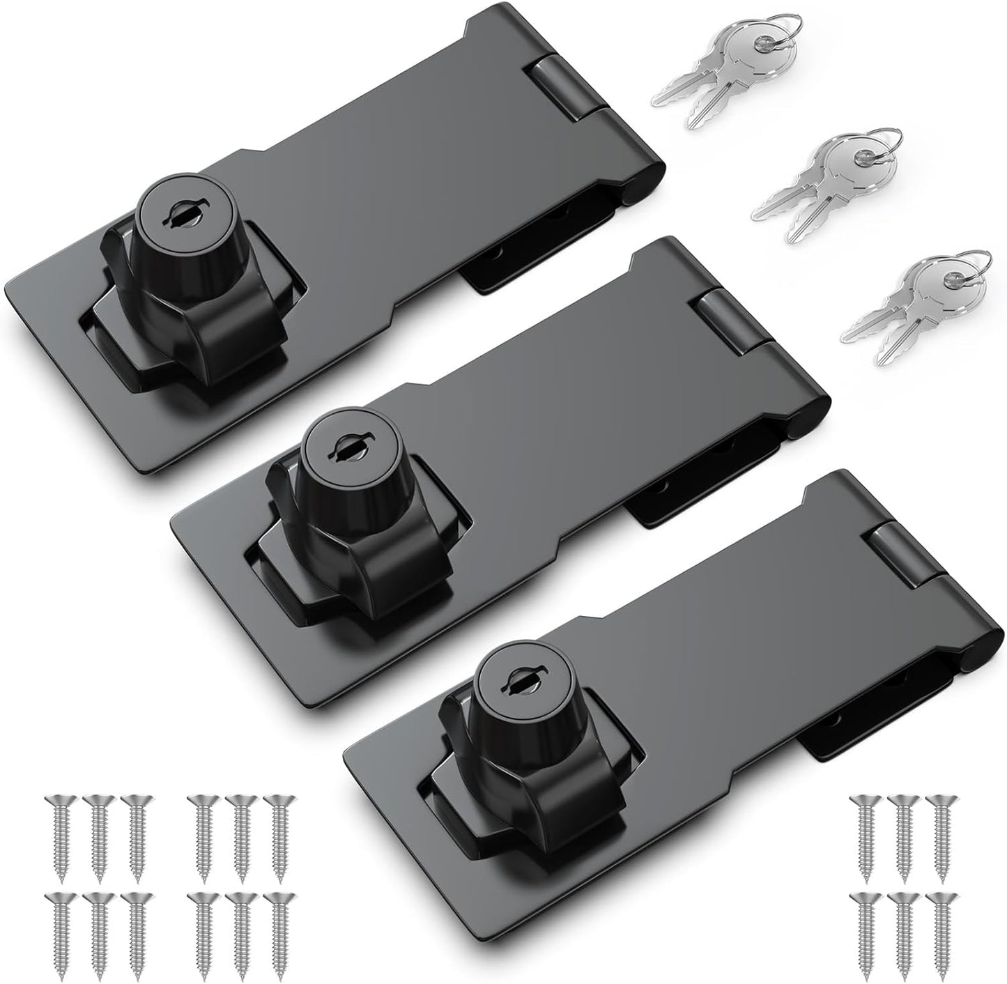 4 Inch Keyed Hasp Lock for Cabinets & Small Doors, Twist Knob Design, Heavy Duty Zinc Alloy with Chrome-Plated Iron, Includes Keys & Screws - Black, 3 Pack