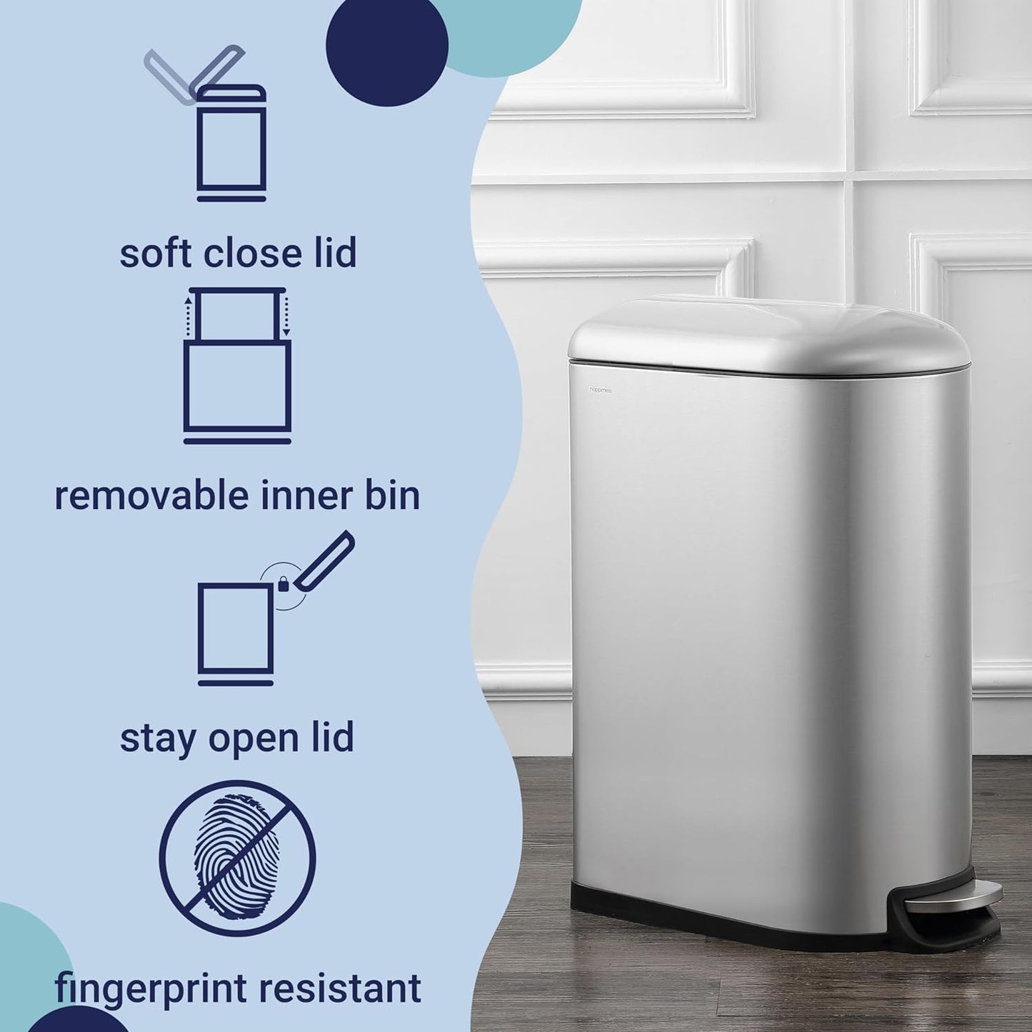 happimess HPM1009A Roland Mini 2.6-Gallon Step-Open Trash Can with Soft-Close Lid, Modern, Minimalistic, Fingerprint Proof for Home, Kitchen, Laundry Room, Office, Bedroom, Bathroom, Chrome