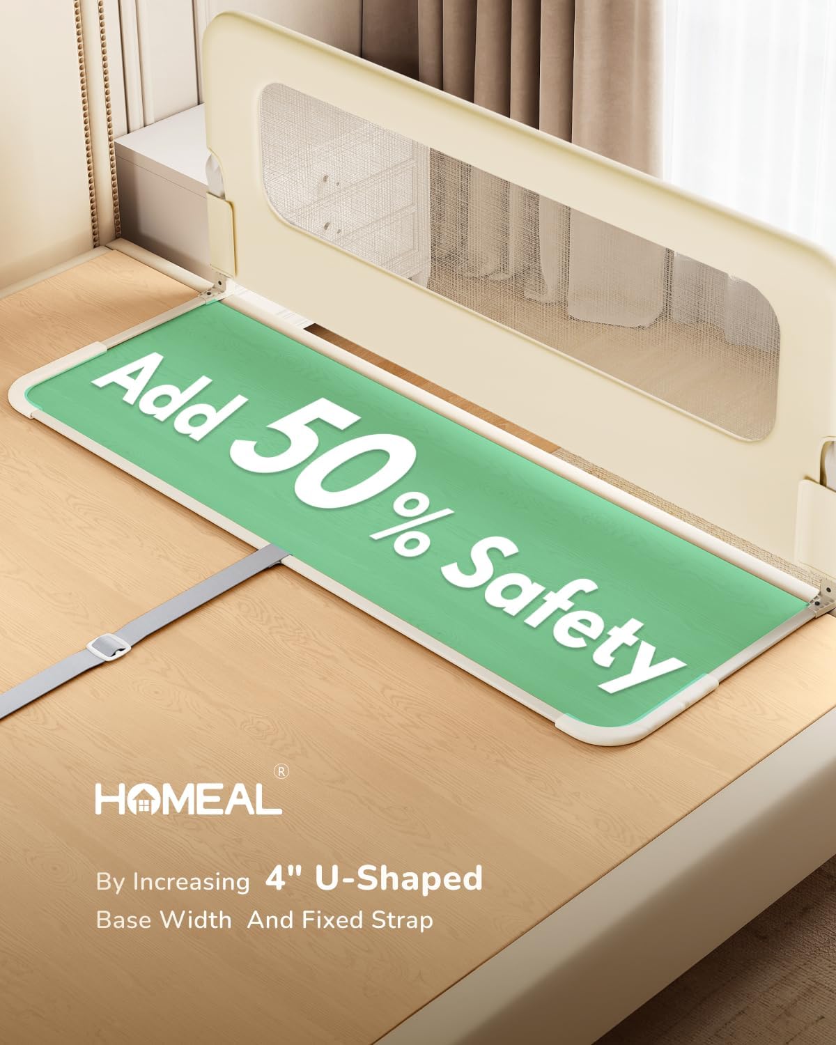 HOMEAL Toddler Bed Rails - 59"x24" Extra Long Bed Rail for Toddlers with U-Shape Base, Baby Bed Safety Guard for Twin, Full, Queen, King Mattress Bed, Beige, 1 Pack