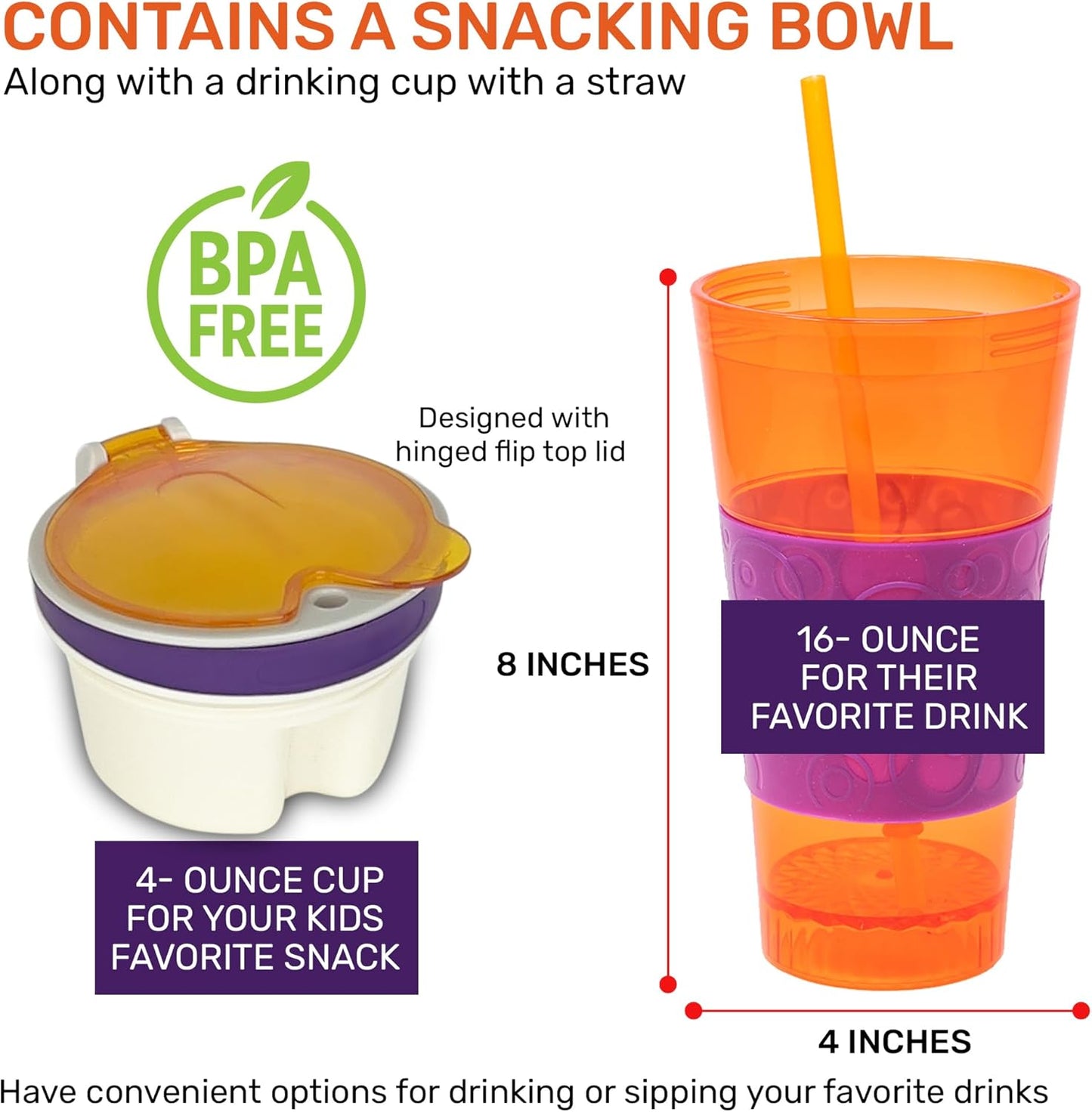 2 in 1 Snack Drink Cup Kids Spill Proof Tumbler Plastic Straw Lid Locks 16 Oz