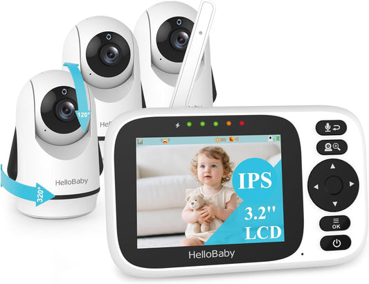 HelloBaby 3.2'' Baby Monitor 3 Cameras, Video Audio Baby Monitor No WiFi, Remote Pan-Tilt-Zoom, ECO, Night Vision, 2-Way Talk, 1000ft Range, 8 Lullabies and Temperature, Gifts for Parents and Babies