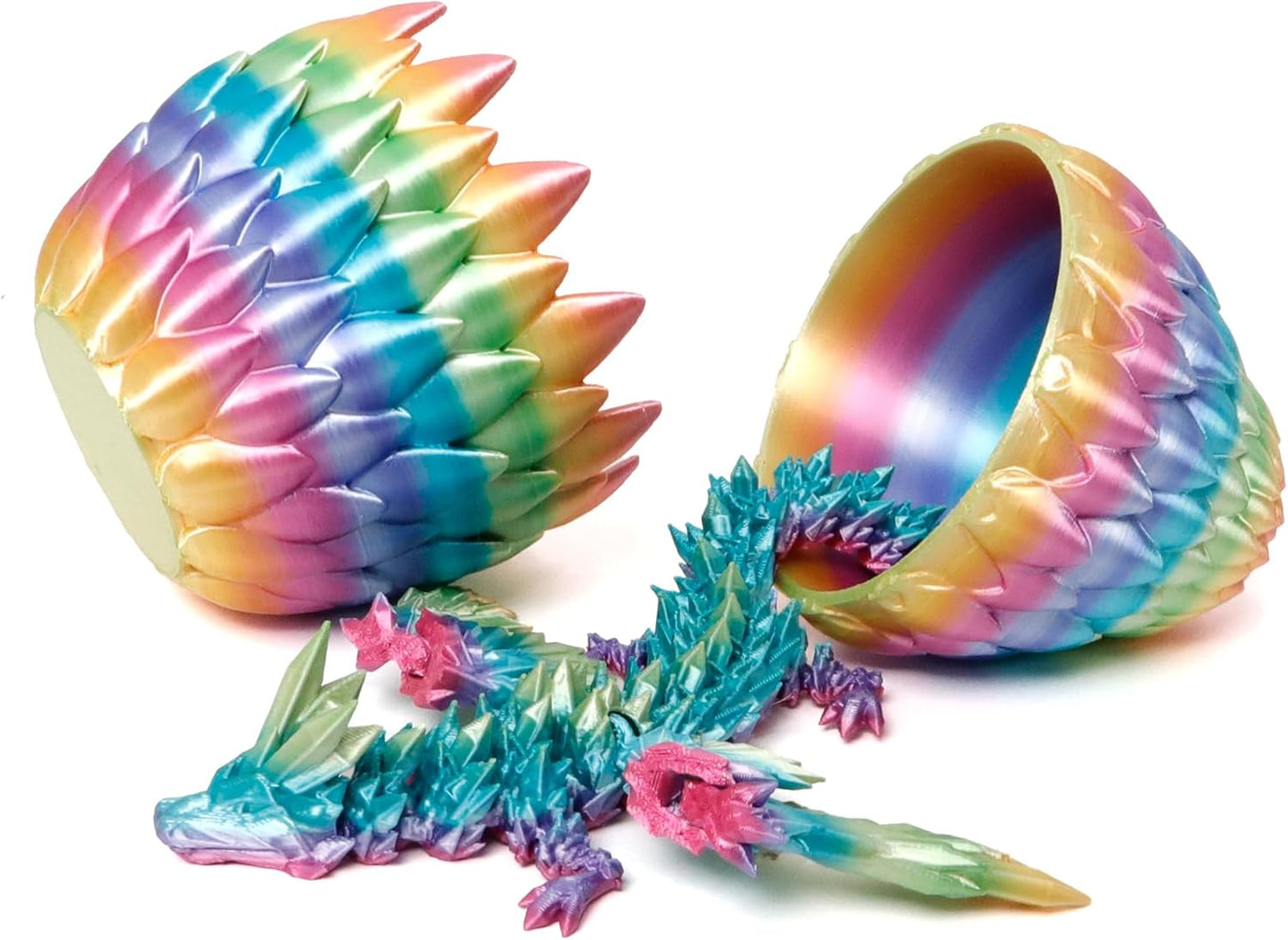 3D Printed Dragon Egg, Rainbow Flying Dragon in Colorful Eggs, Fidget Toy for Birthday Gift, Flexible Desk Figure Decor (Rainbow)