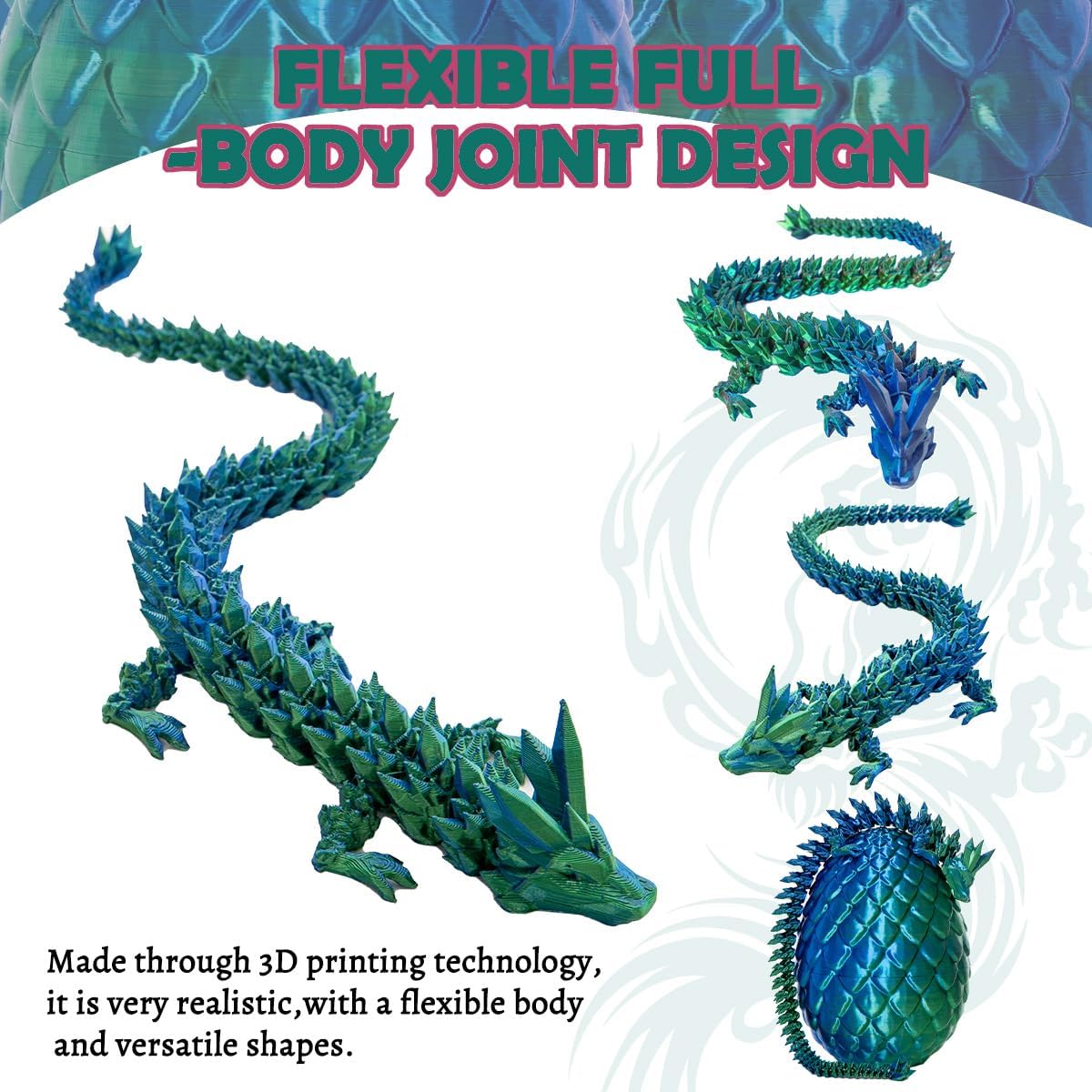 3D Printed Dragon Eggs with Dragon Inside, 12In Laser Blue Green Dragon Egg Fidget Toy, Executive Desk Articulated Dragon Toy, Home Office Decor