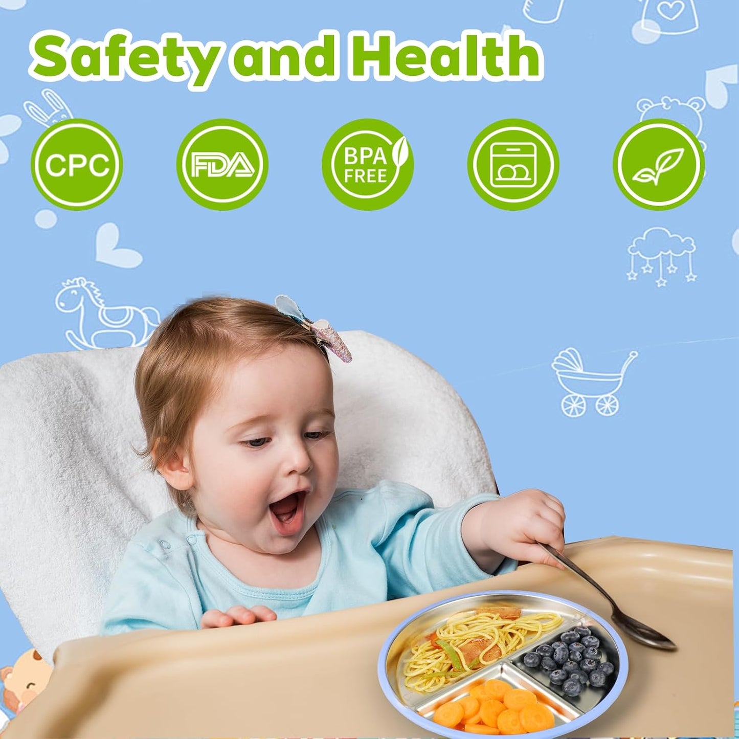 3-Pack Stainless Steel Baby Plates with Suction, BPA-Free Stainless Steel Kids Plates, 9” Divided Toddler Plate for Dishwasher Safe, Non-Slip Silicone Base, Detachable Design (Blue, Gray, Green)