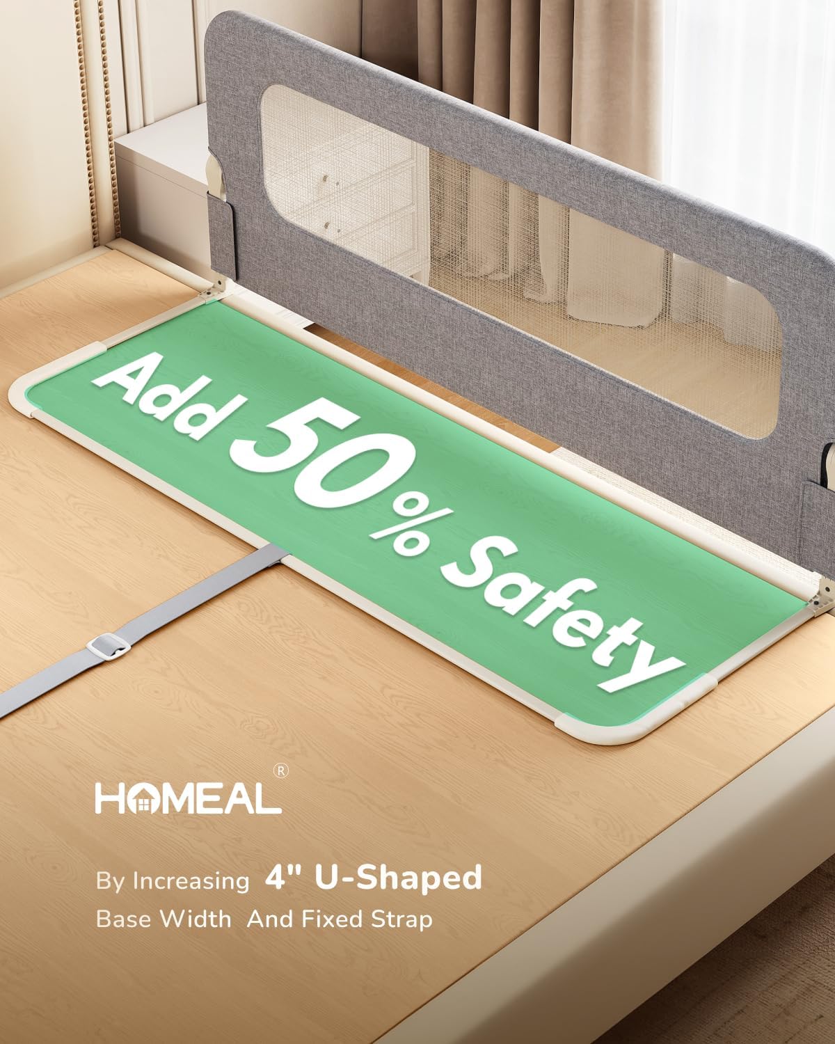 HOMEAL Toddler Bed Rails - 47"x24" Foldable Baby Bed Rail Guard with U-Shape Base - Kids Guard for for Twin, Full, Queen, King Beds - Breathable Bed Rail for Baby, Grey, 1 Pack