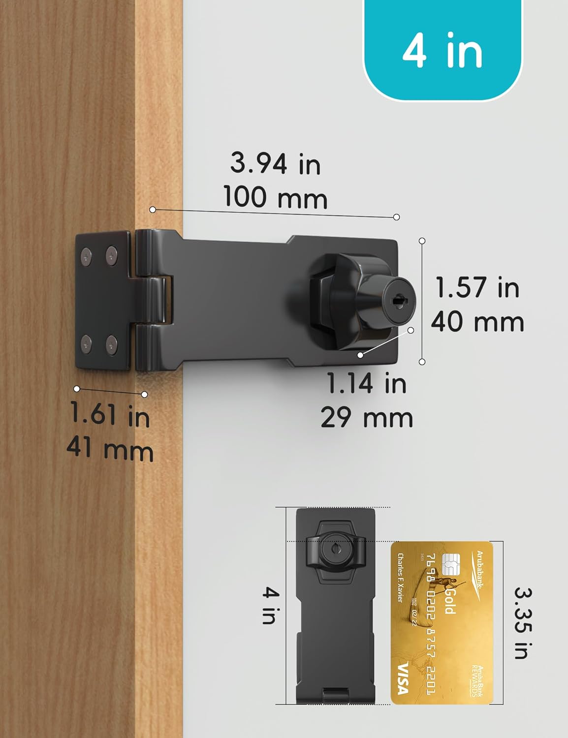 4 Inch Keyed Hasp Lock for Cabinets & Small Doors, Twist Knob Design, Heavy Duty Zinc Alloy with Chrome-Plated Iron, Includes Keys & Screws - Black, 3 Pack