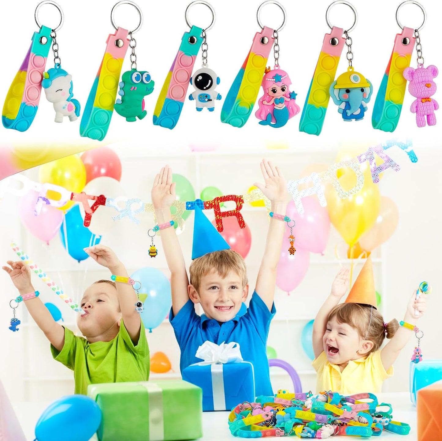 28 Pack Pop Fidget Toys Bulk Keychain for Kids,Mini Pop its with 3D Animal Cute Keychains for School Classroom Gifts,Party Favors for Kids