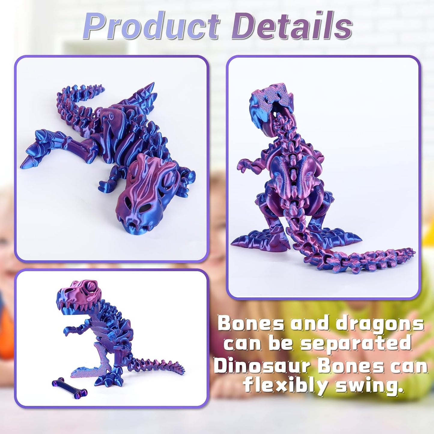3D Printed Dinosaur Bones Tyrannosaurus Rex Skeleton with Movable Joints, 3D Model Skull T-Rex, Flexible Articulated Dinosaur Fidget Toys Adults for Autism/ADHD