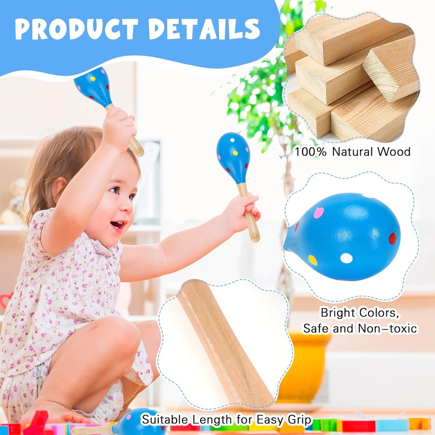 2 Pcs Maracas, Hand Percussion Rattles for Kids, Wooden Rumba Shaker Hand Musical Instruments with Clear Rhythm for Kids Adults Playing (Blue)