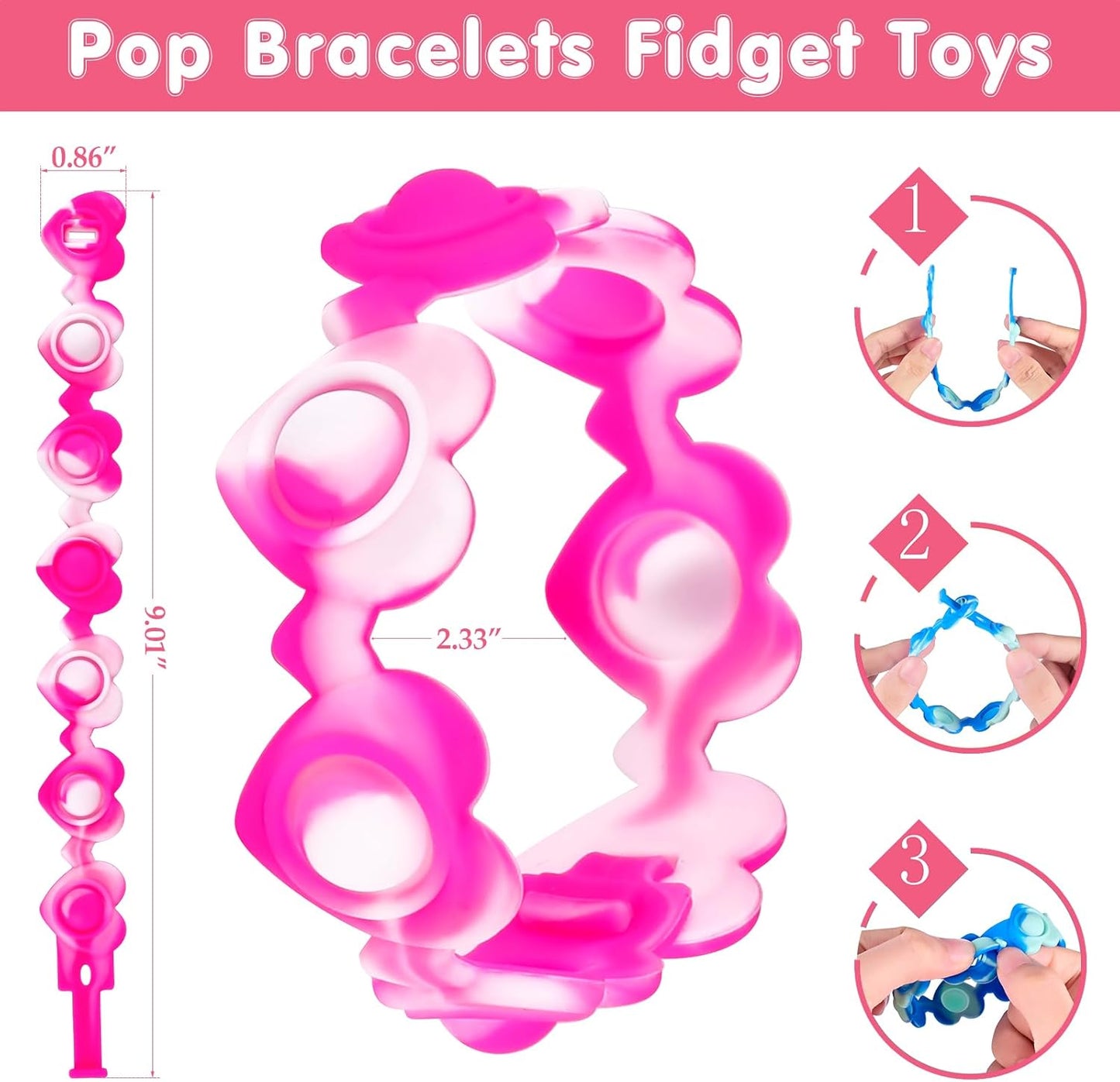 24 PCS Heart Pop Bracelets Its Valentines Day Gifts for Kids Valentine Day Party Favors Kids Fidget Toys Bulk Fidgets for Classroom Prizes Birthday Goodie Bag Stuffers Sensory Toys Pack for Girls Boys