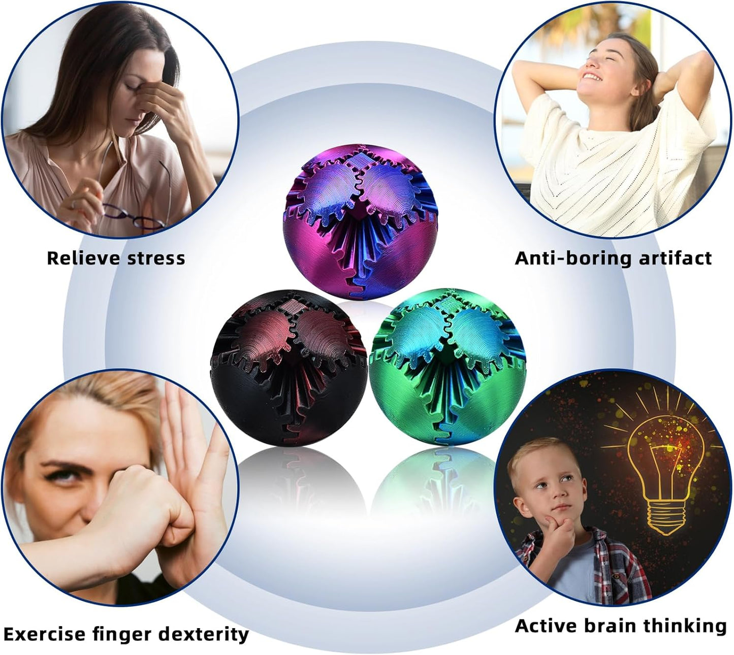 3 PCS Mini 3D Printed Gear Ball,Funny Spin Ball Cube Fidget Toy,Activity Gear Sphere Fidget Spinner Hand Toy,Executive Desk Toys,Creative Gift