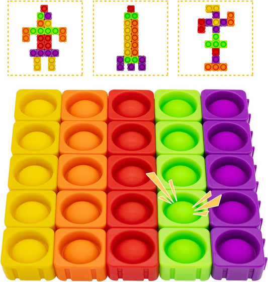 25Pcs Sensory Fidget Blocks, Kids CVC Learning Infinity Cube Bubble Toy, Pops-Its-Fidgets for Classroom Educational Stress Relief Building Block, Pop-Sensory Toys for Children Adults Autistic, Rainbow