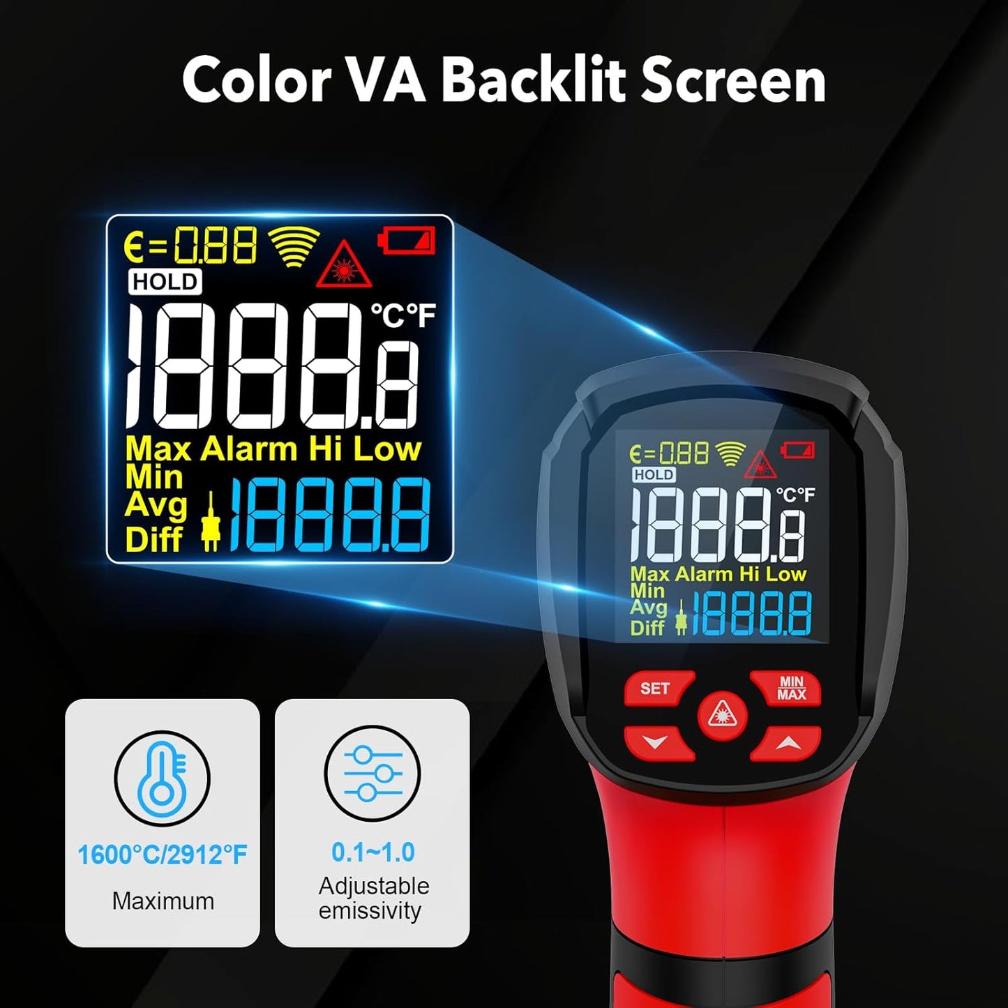 -40℉~2912℉ MESTEK Infrared Thermometer Temperature Gun,50:1 Dual Laser High Temp Thermometer with Thermocouple Probe, Non-Contact Industrial Pyrometer for Engine, Kiln, Forging,Humidity Measurement