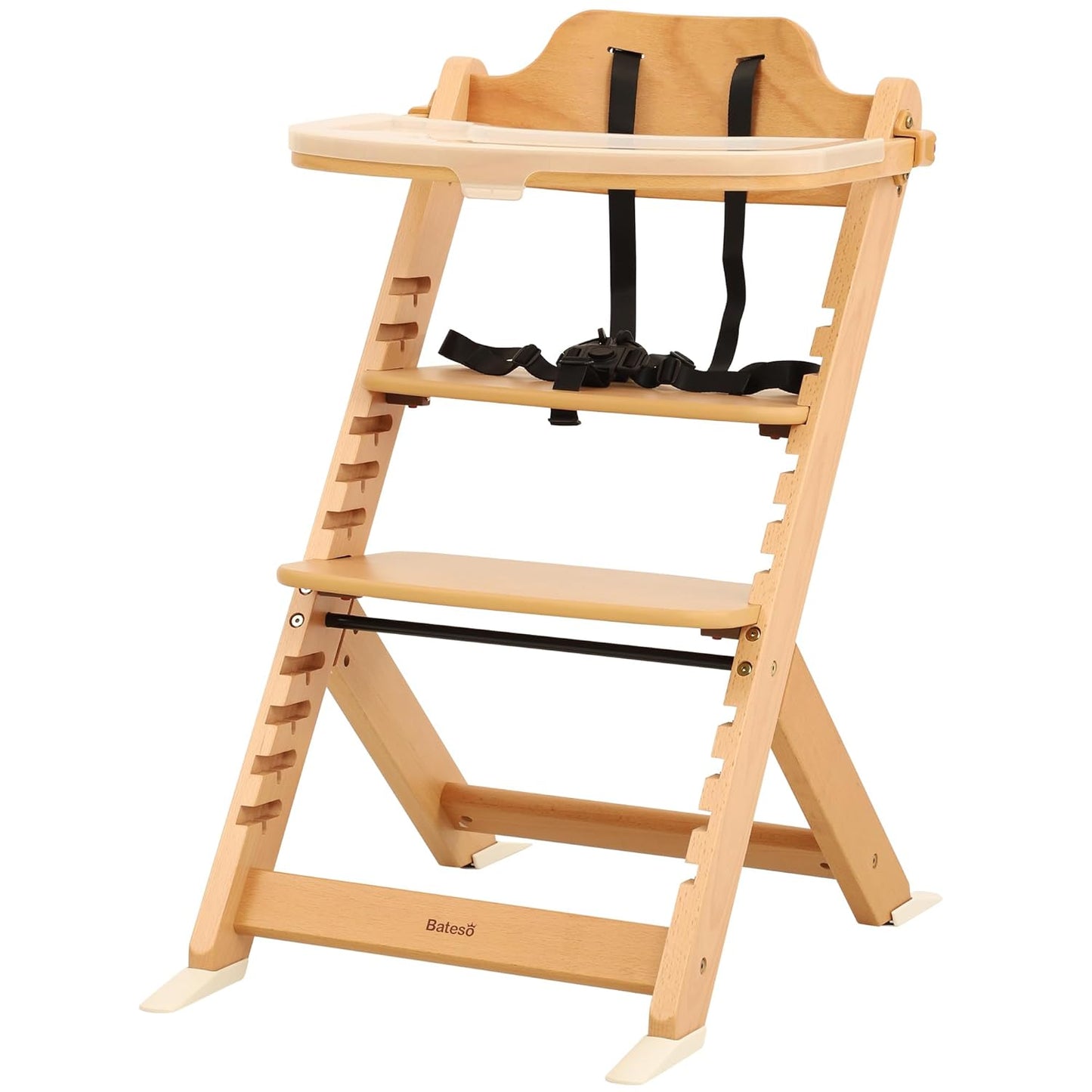 High Chair for Babies and Toddlers, Wooden Highchair with Adjustable Seat & Convertible Footrest Heights, Baby Feeding Chair with Safety Harness & Removable Double Layer Tray