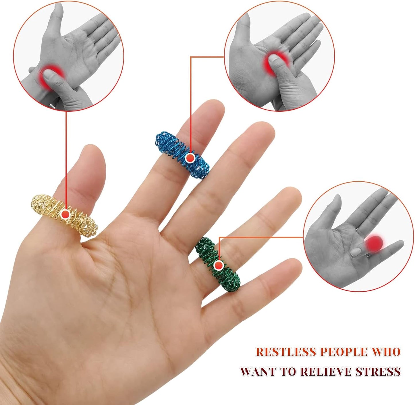 12 Pieces Fidget Rings Spring Acupressure Rings Sensory Rings Trichotillomania Fidget Toys Stress Relief Toys Set for Adults, Silent Stress Reducer (Red, Orange, Blue, Green, Silver, Gold)