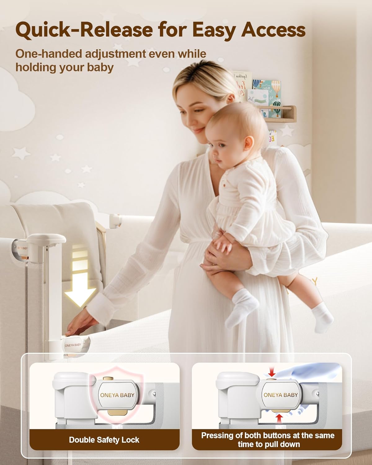 Baby Bed Rail Guard for Toddlers, Reinforced 60in Toddler Bed Rails for Queen Bed with Height Adjustable, Extral Tall Child Safety Side Railing Guards/Bedrail for Kids,White/Grey, 1 Side 54" Lx28 H