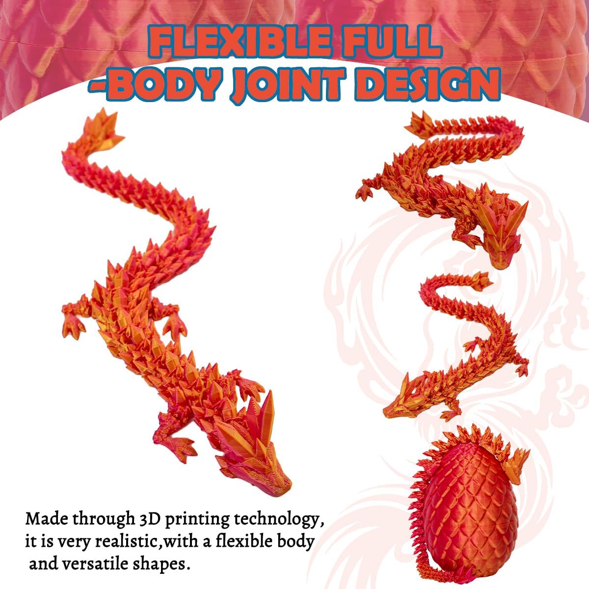 3D Printed Dragon Eggs with Dragon Inside, 12In Laser Red Golden Dragon Egg Fidget Toy, Executive Desk Articulated Dragon Toy, Home Office Decor