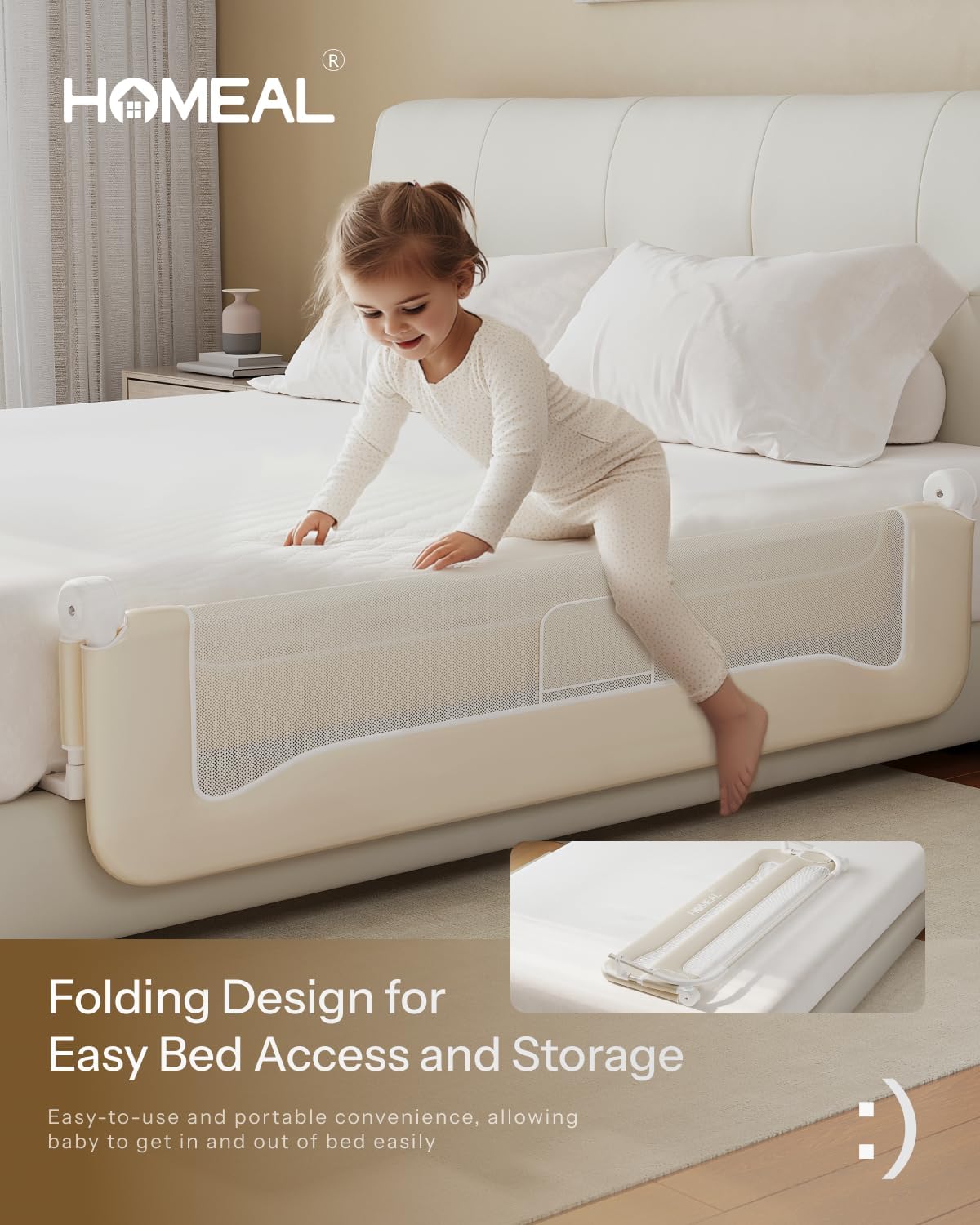 HOMEAL 59in Foldable Toddler Bed Rails, Bed Rail for Toddlers, Baby Bed Rail Guard for King Size,Twin Size, Full Size, Queen Size Beds, Bed Guard Rail, Beige