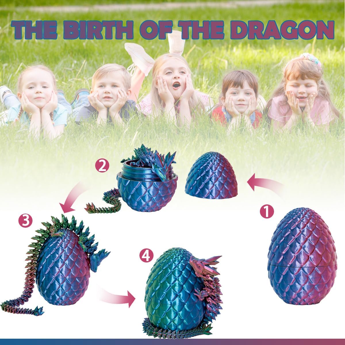 3D Printed Dragon Eggs with Dragon Inside, 12In 3 Color Dazzle Dragon Egg Fidget Toy, Executive Desk Articulated Dragon Toy, Home Office Decor