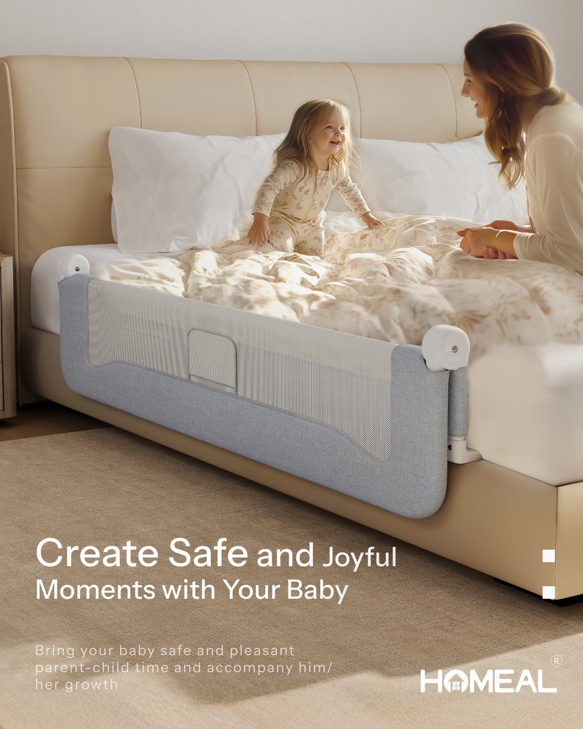 HOMEAL Bed Rail for Toddlers, 59in Foldable Toddler Bed Rails with U-Shape Base Twin Full Queen King Size Beds, Grey 1 Pack